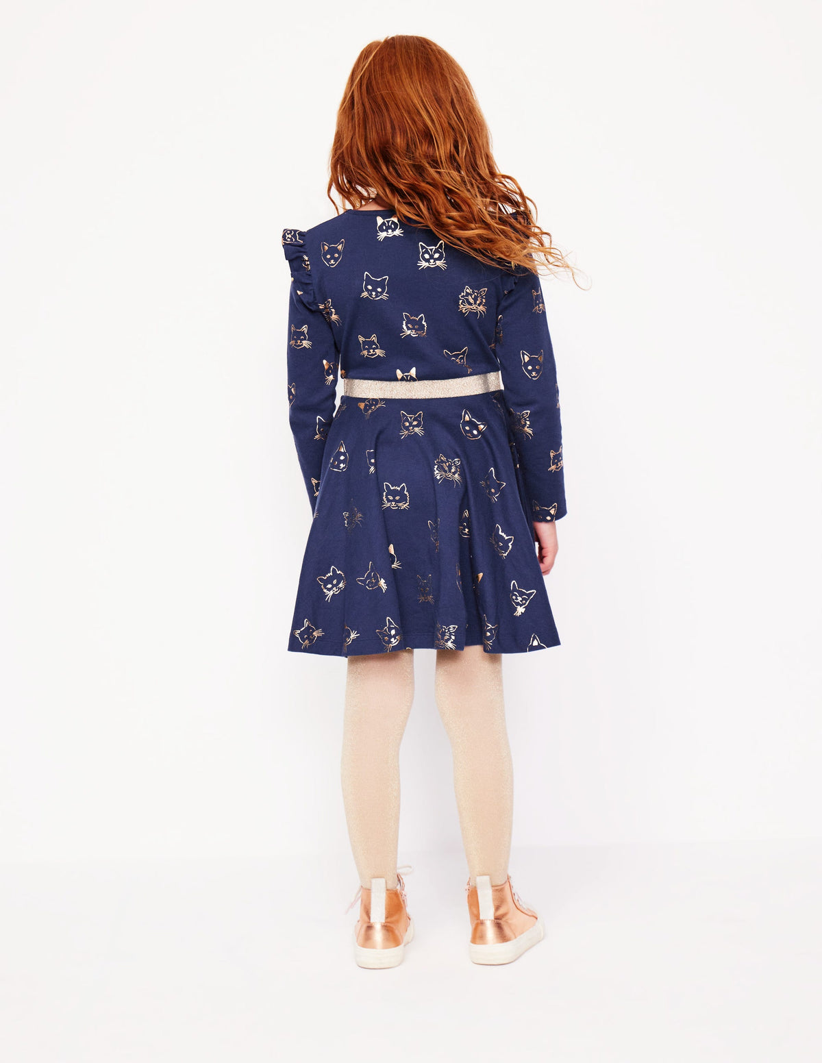 Mabel Ballerinakleid mit Tellerrock-Schuluniform-Marineblau Goldfolien-Katzen - Image 2