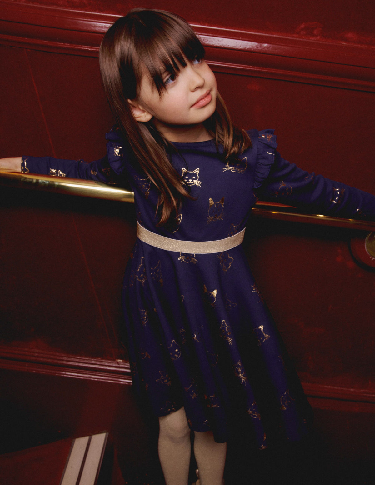 Mabel Ballerinakleid mit Tellerrock-Schuluniform-Marineblau Goldfolien-Katzen - Image 6