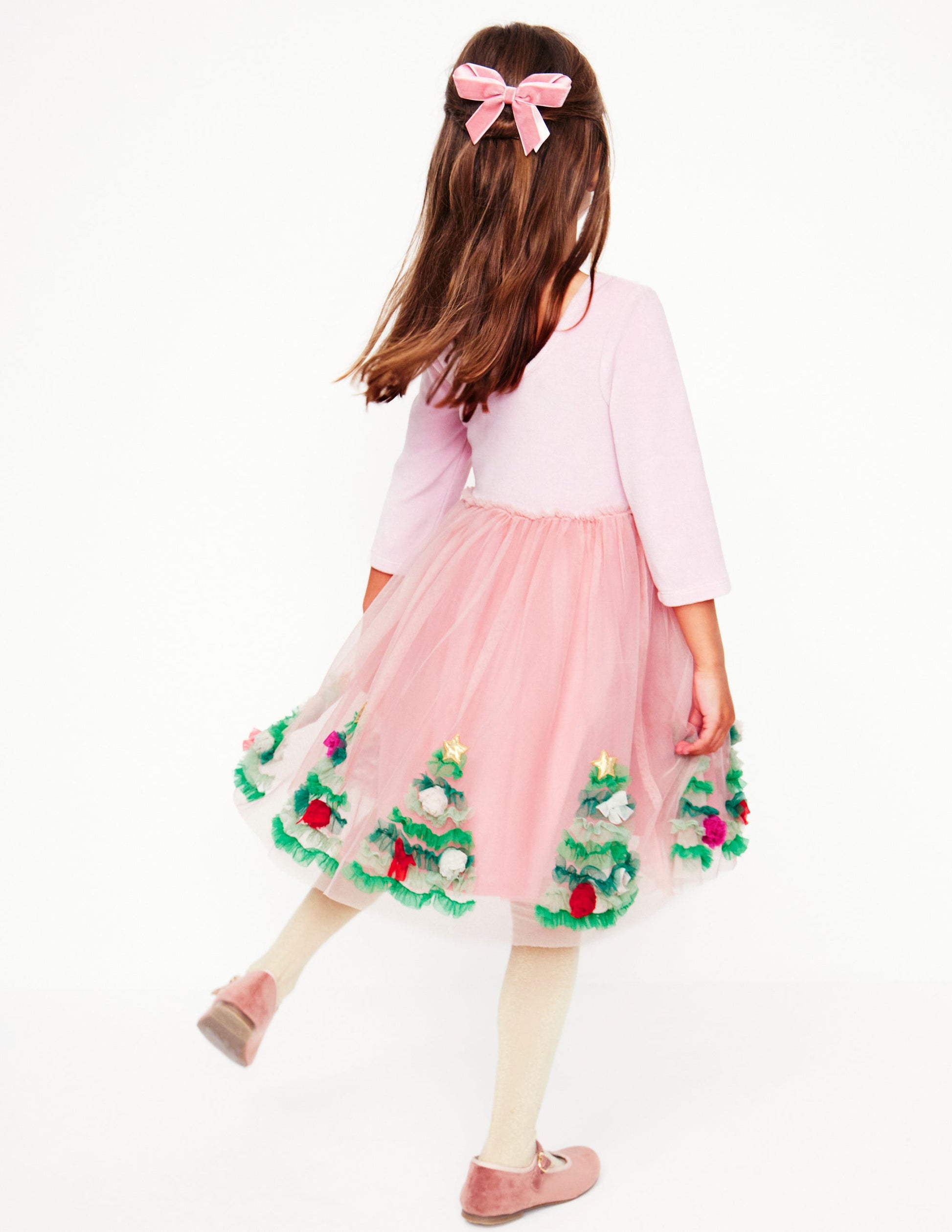 Velvet Tulle Appliqué Dress-Vintage Pink Christmas Trees-2