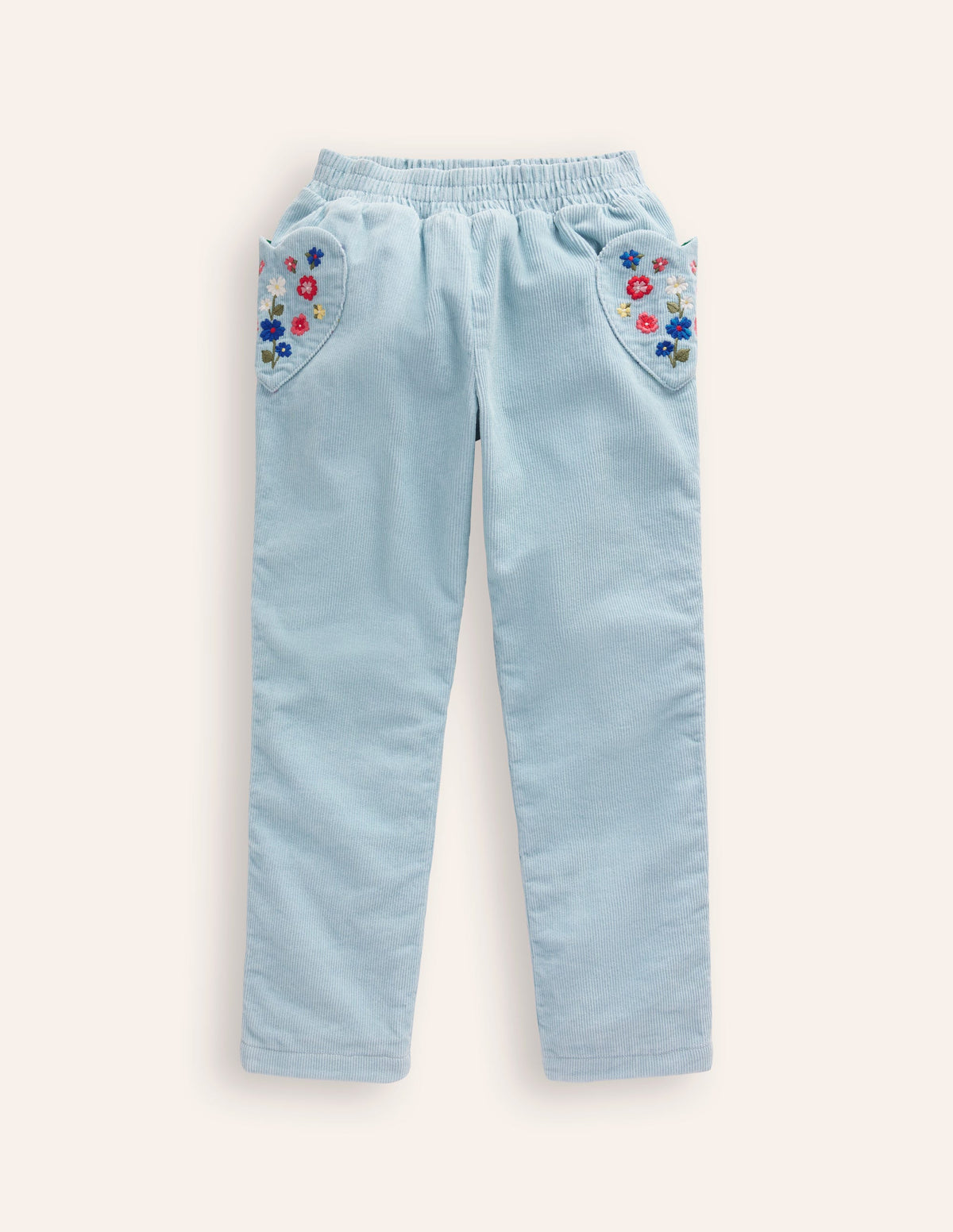 Pantalon à enfiler en velours côtelé doublé-Broderie bleu vintage-1