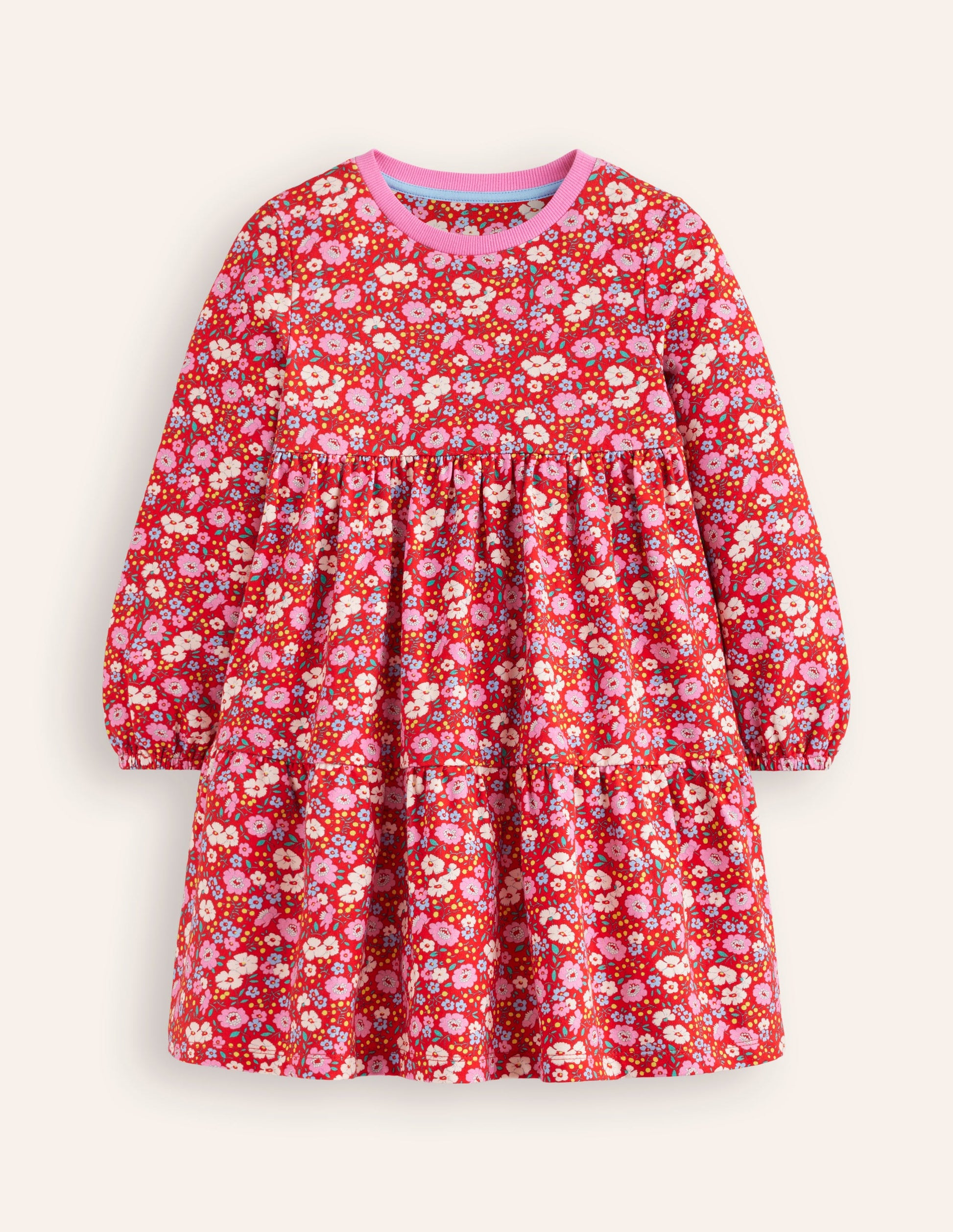 Robe-sweat Dixie à volants-Motif Flowerbed rouge brillant-1