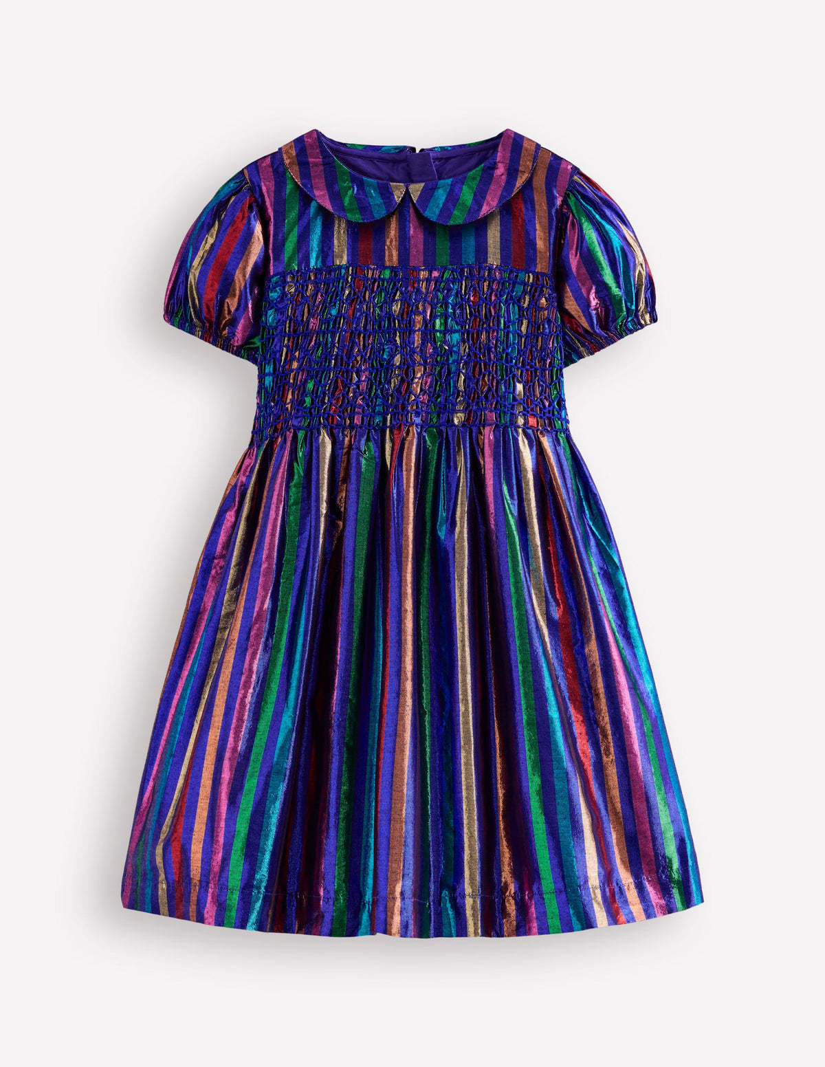 Robe de fête métallisée à smocks-Multicolore, Rayures en Lurex - Image 1