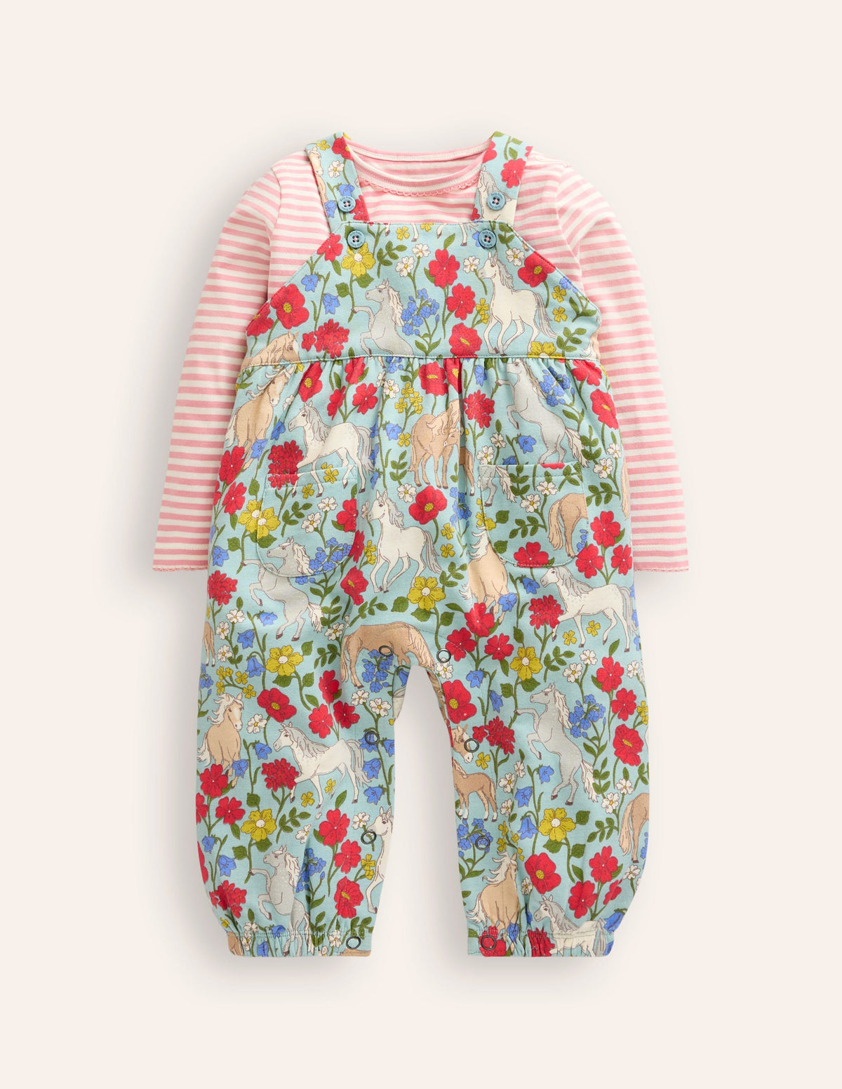 Jersey Dungaree Set-Blue Pony Floral-1