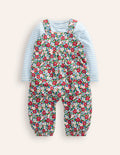 Ensemble avec salopette en jersey-Motif floral bleu glacier
