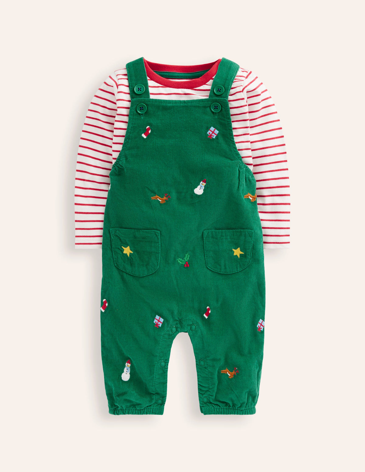 Originelle Latzhose aus Cord im Set-Schmucksteingrüne Stickerei-1