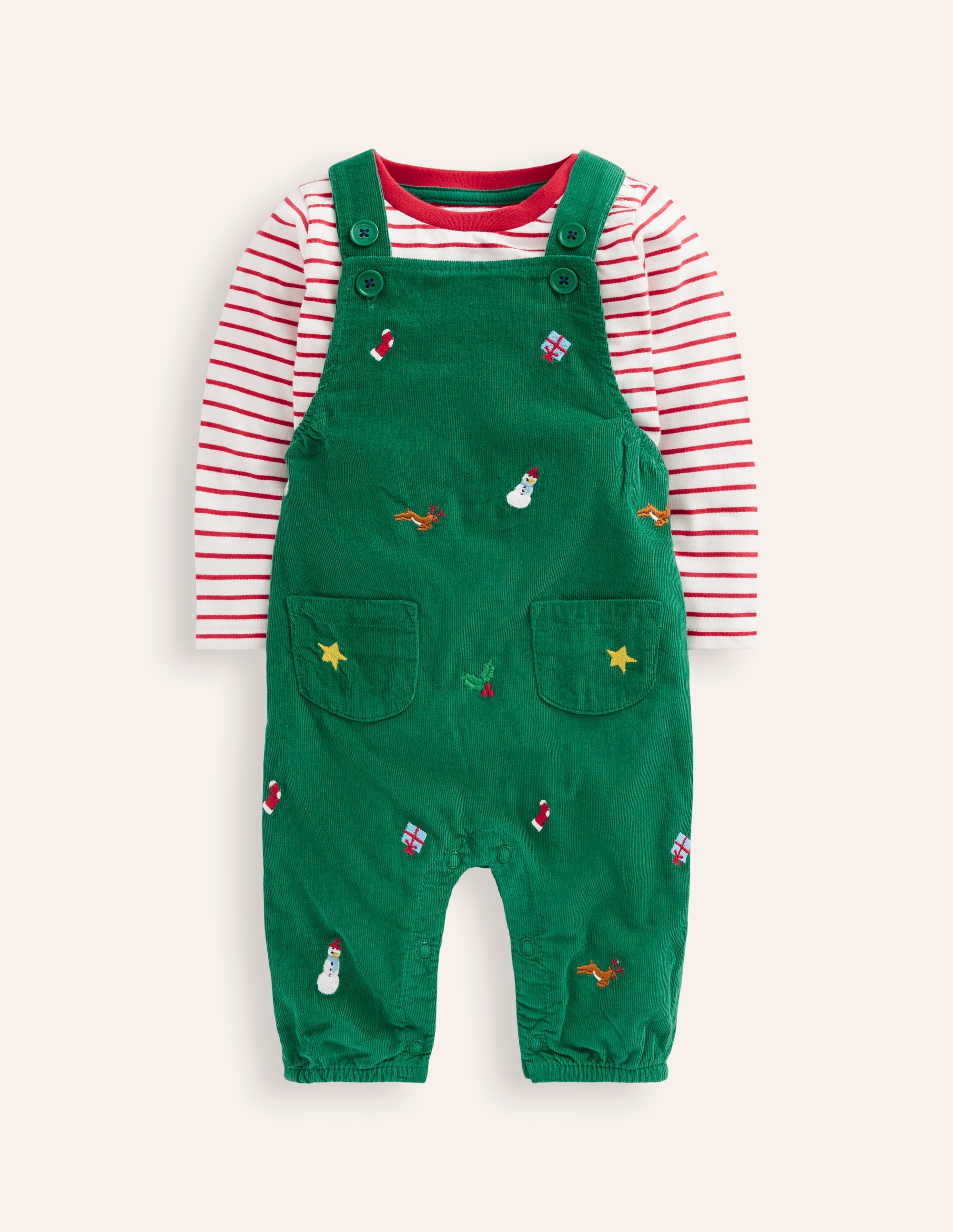 Originelle Latzhose aus Cord im Set-Schmucksteingrüne Stickerei - Image 1