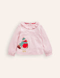 T-Shirt mit Rüschenausschnitt-Französisch-Rosa Rotkehlchen