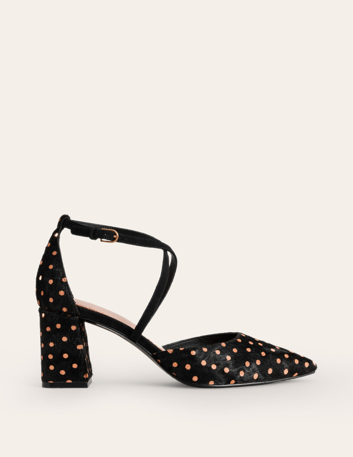 Spitze Pumps mit Riemchen und Blockabsatz-Punkte Schwarz und Camel - Image 2