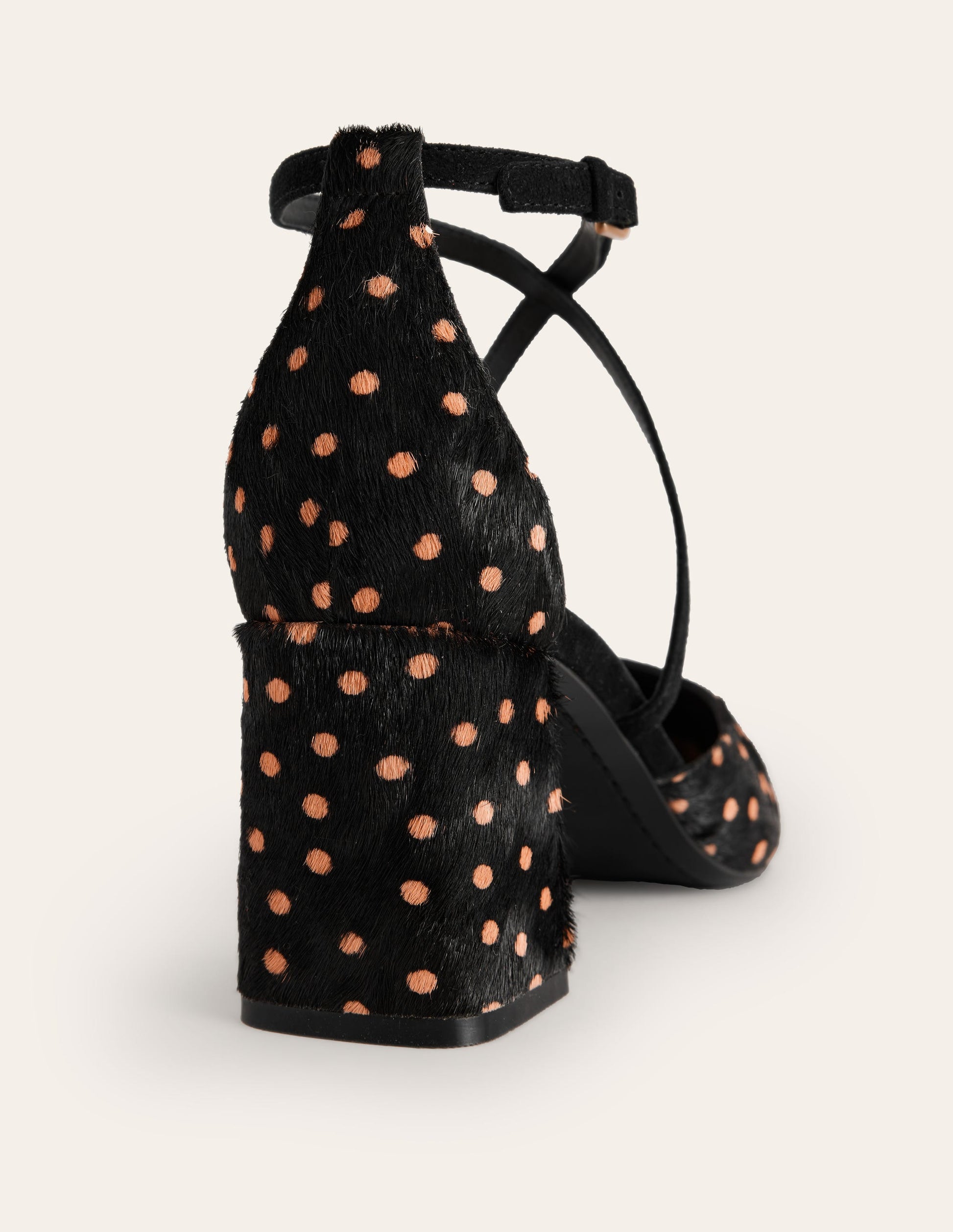 Spitze Pumps mit Riemchen und Blockabsatz-Punkte Schwarz und Camel-4