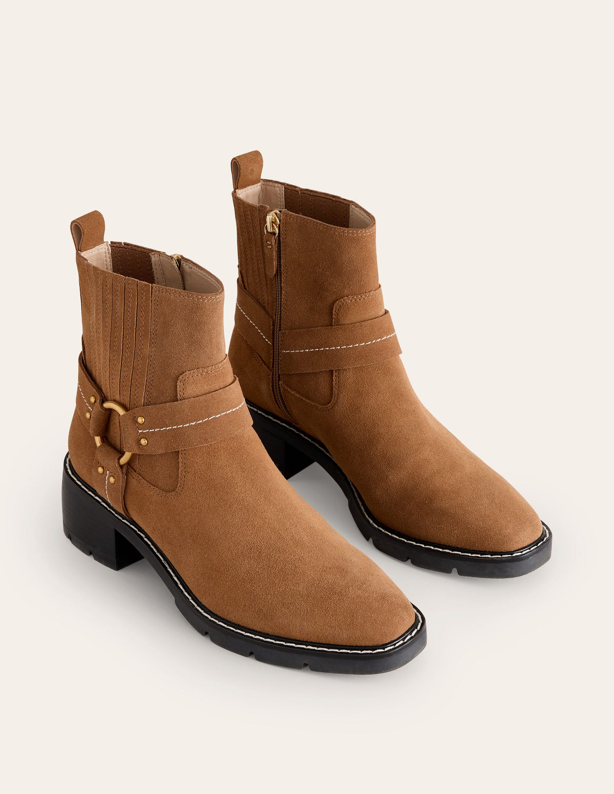 Bikerstiefel mit Riemendetail-Hellbraunes Veloursleder-3