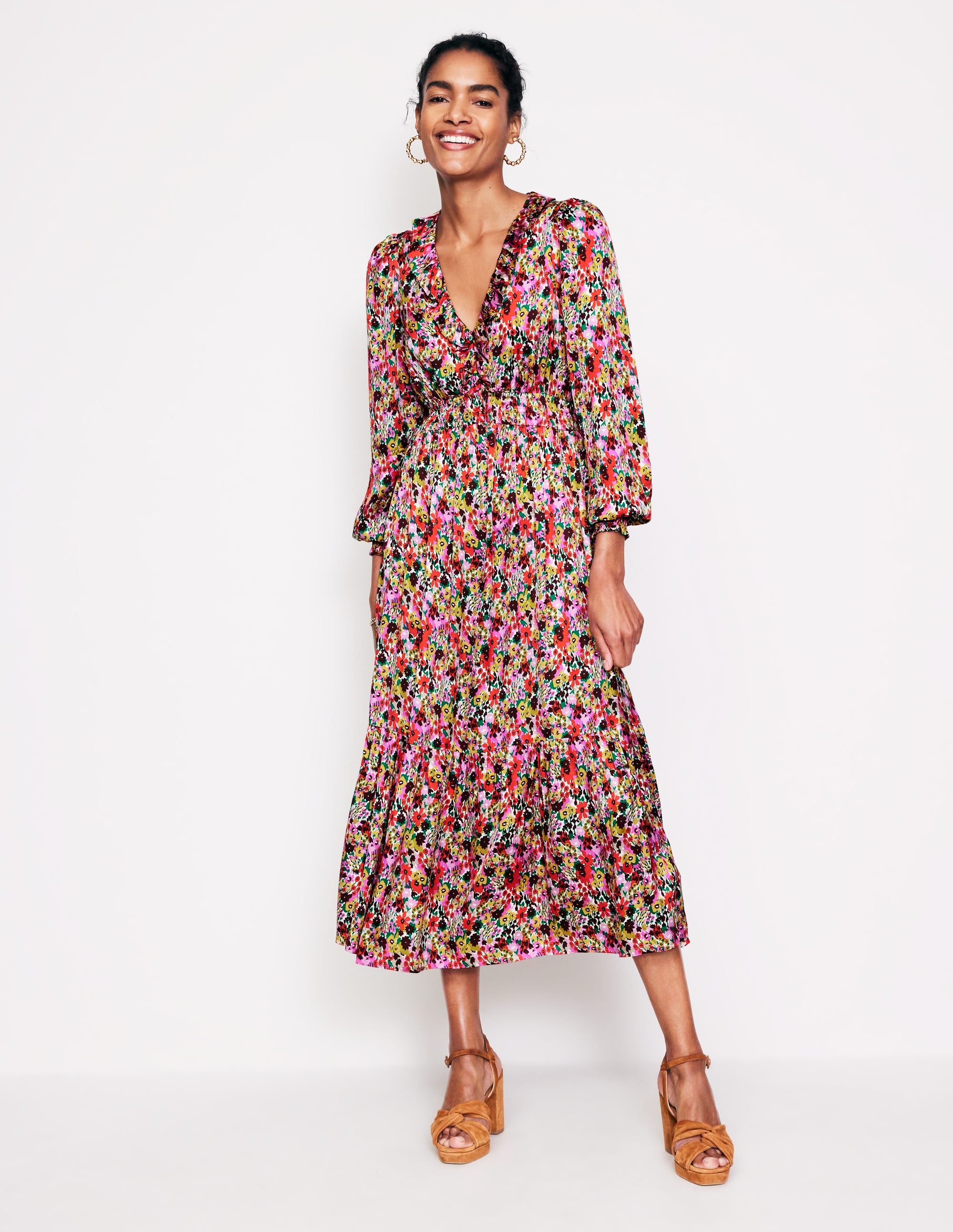 Gesmoktes Midikleid mit Rüschen-Bunt, Motiv Meadow Pop - Image 4
