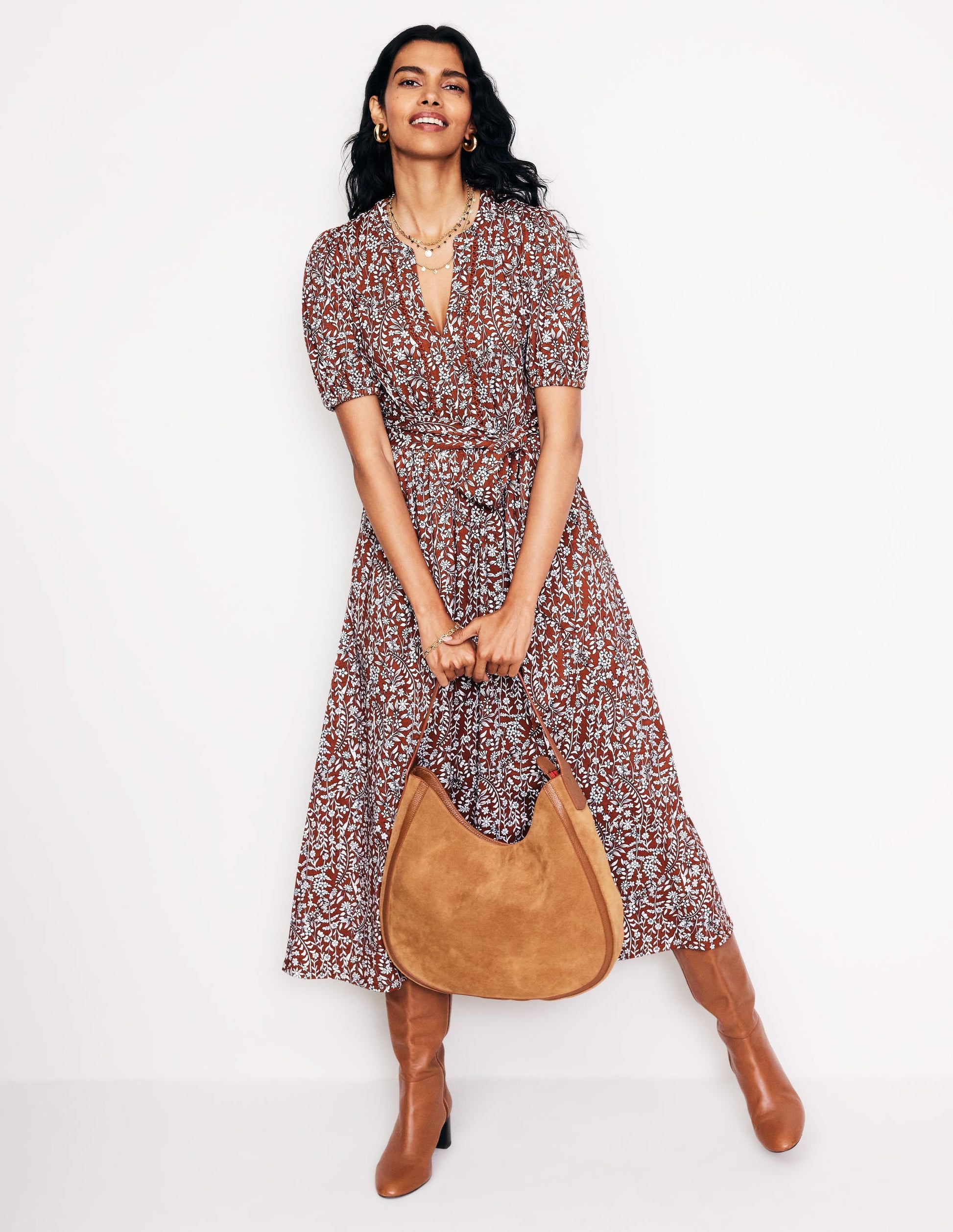 Sofia Jersey-Midikleid mit Besatz-Herbstbraun, Laubknospe-1