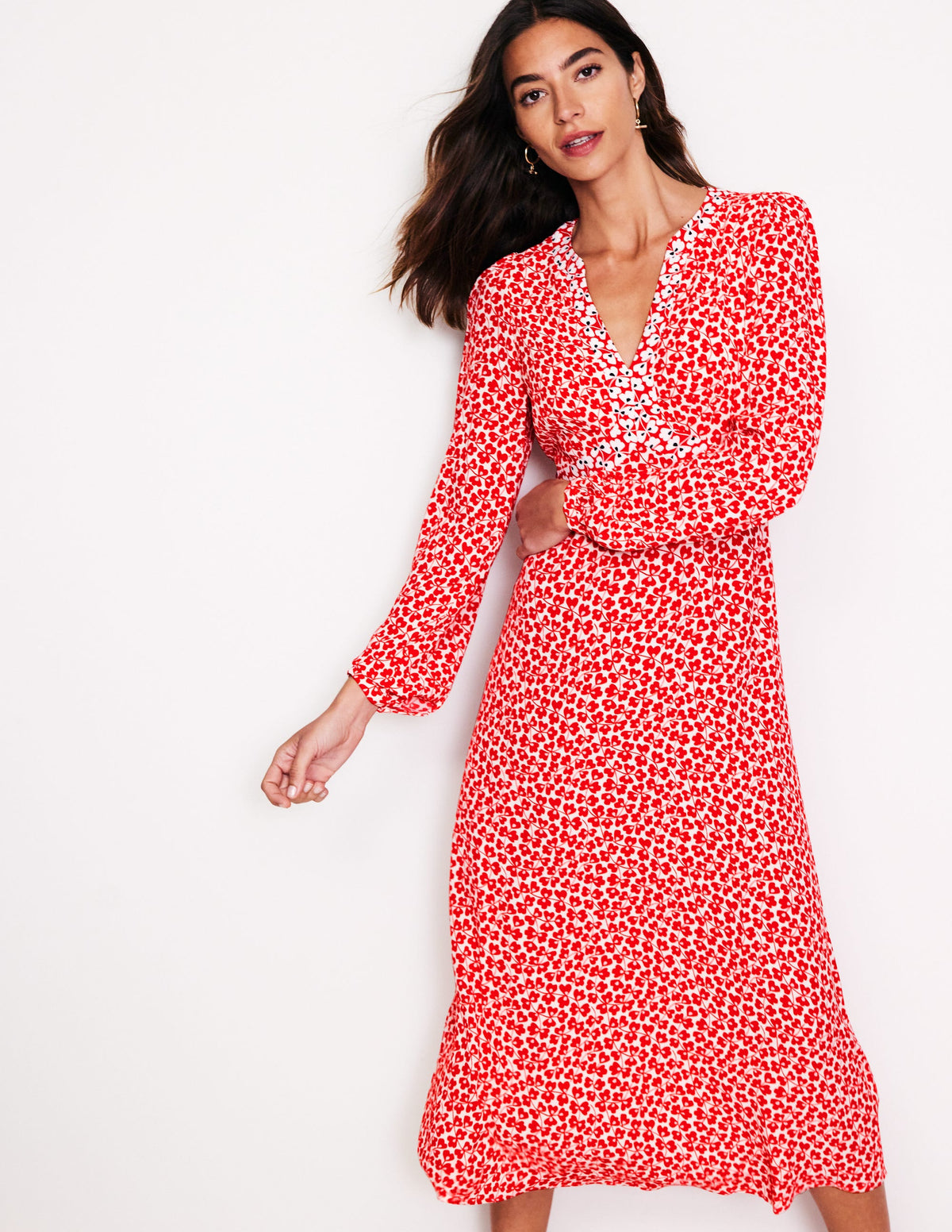 Imelda Midikleid mit Bordürendruck-Rot, Kleewirbel - Image 1