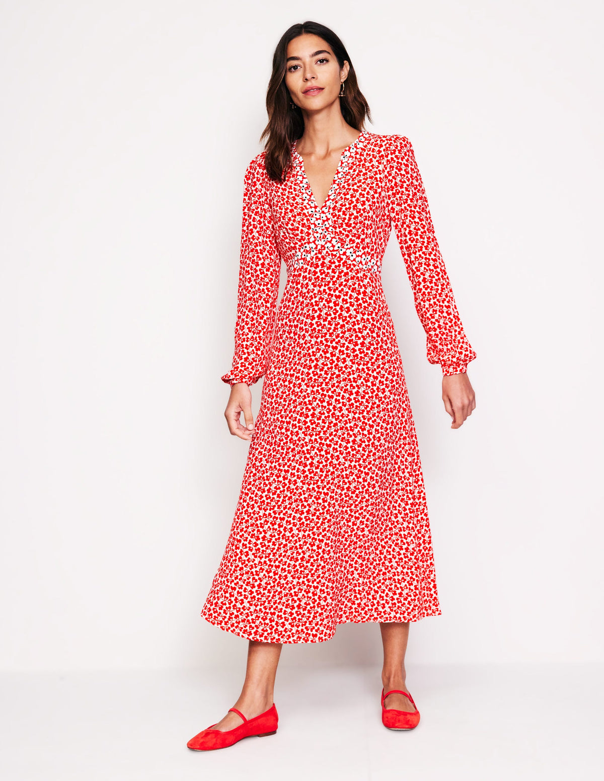 Imelda Midikleid mit Bordürendruck-Rot, Kleewirbel-4
