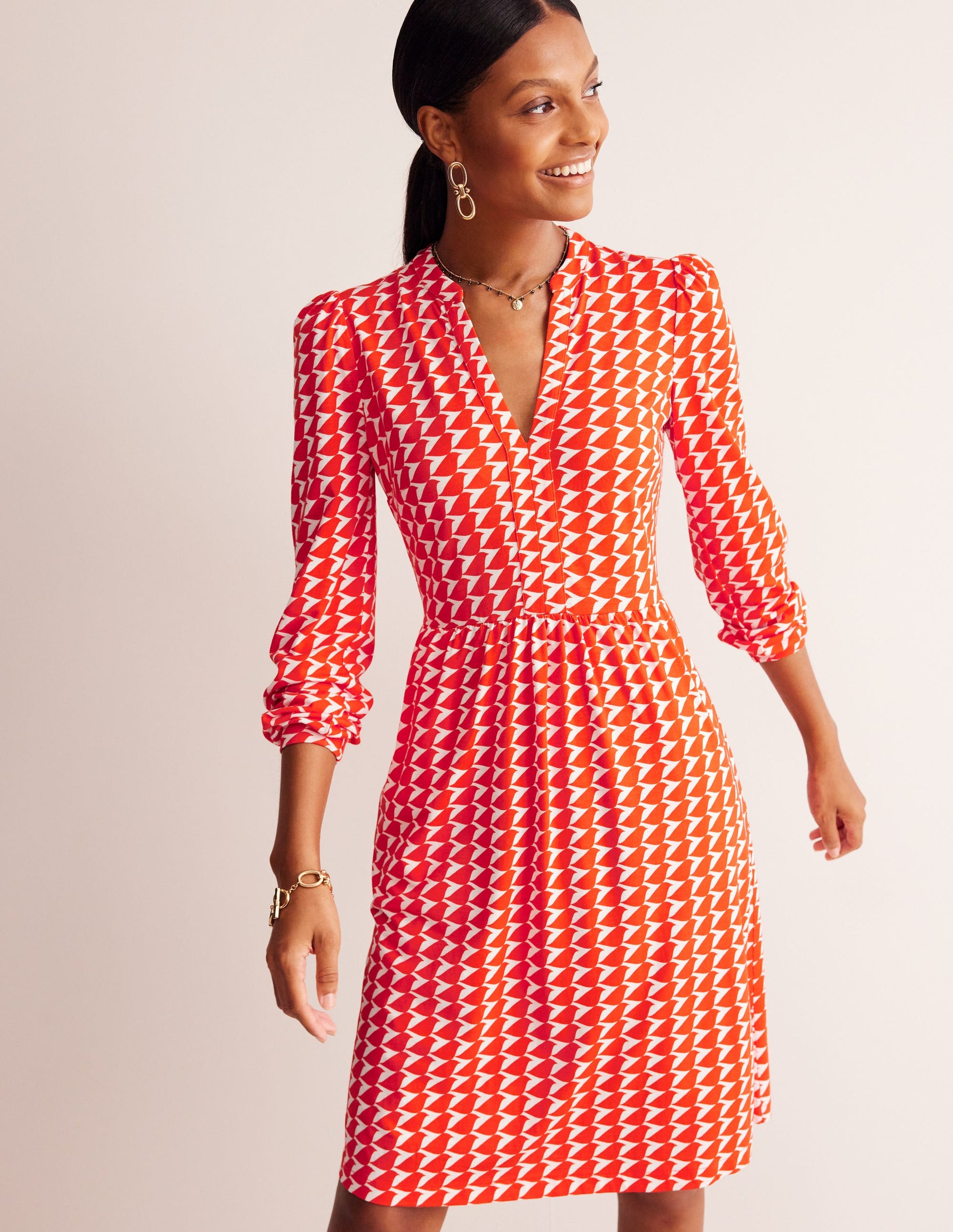 Naomi Lockeres Jerseykleid-Glutorange, Vogel-1