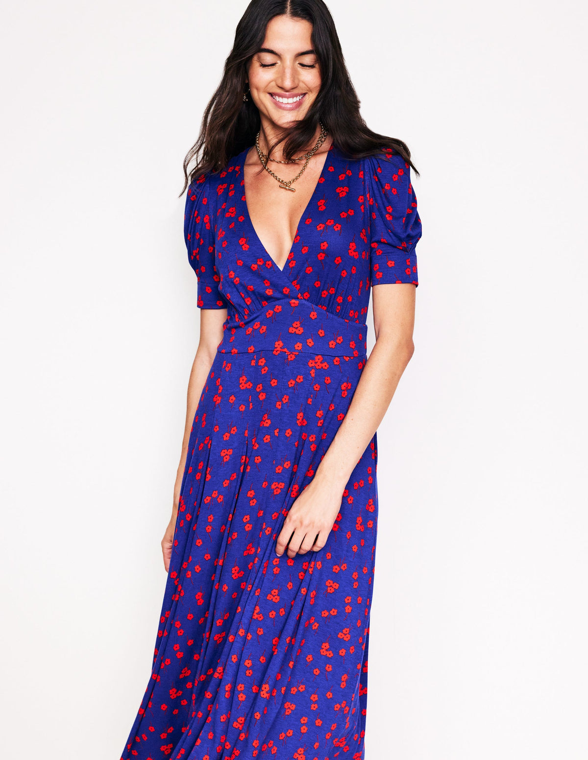 Robe Kristen plissée en jersey-Bleu saphir, motif Fall Sprig - Image 1