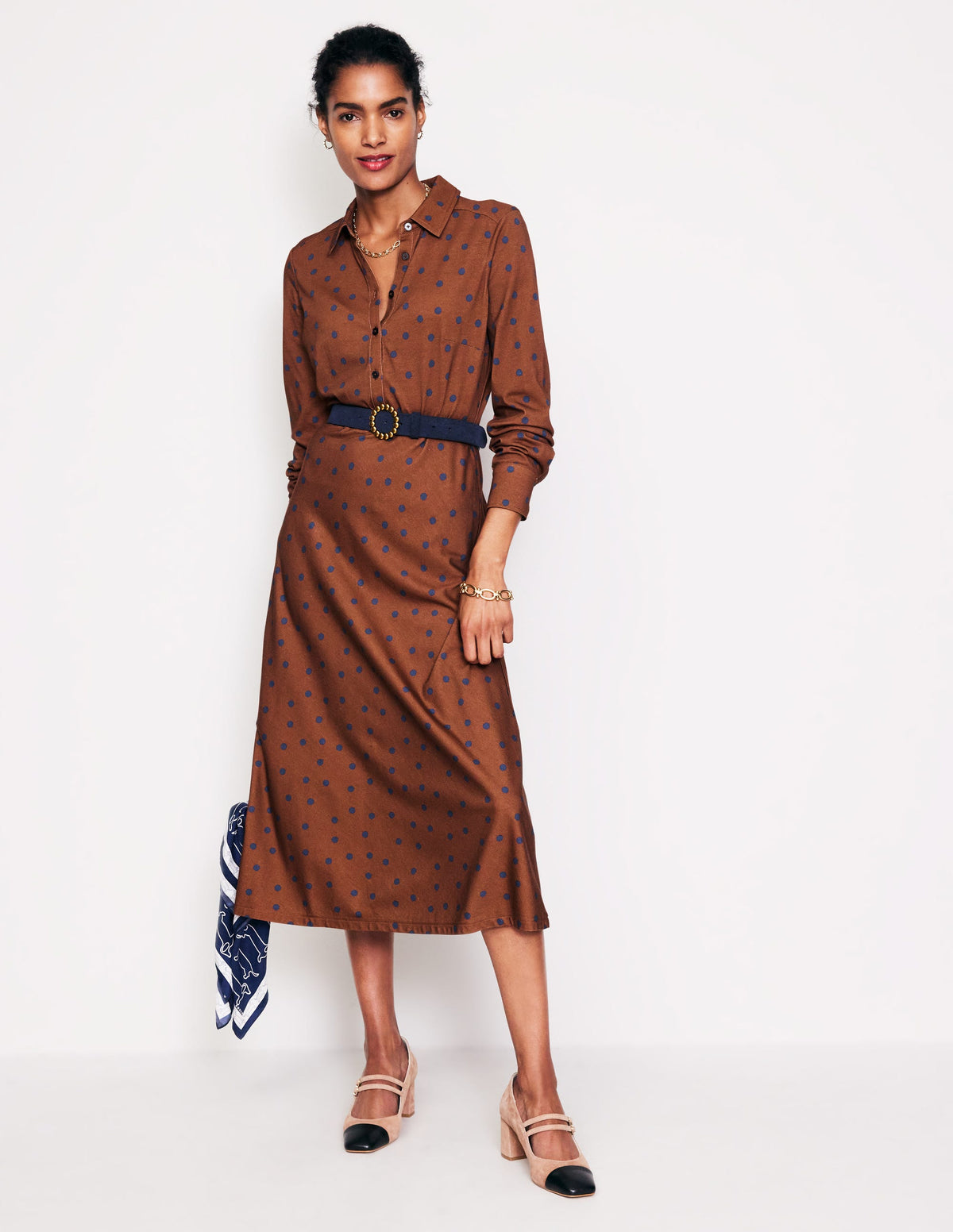Laura Midi-Hemdblusenkleid aus Jersey-Herbstbraun, Einzelne Punkte-4