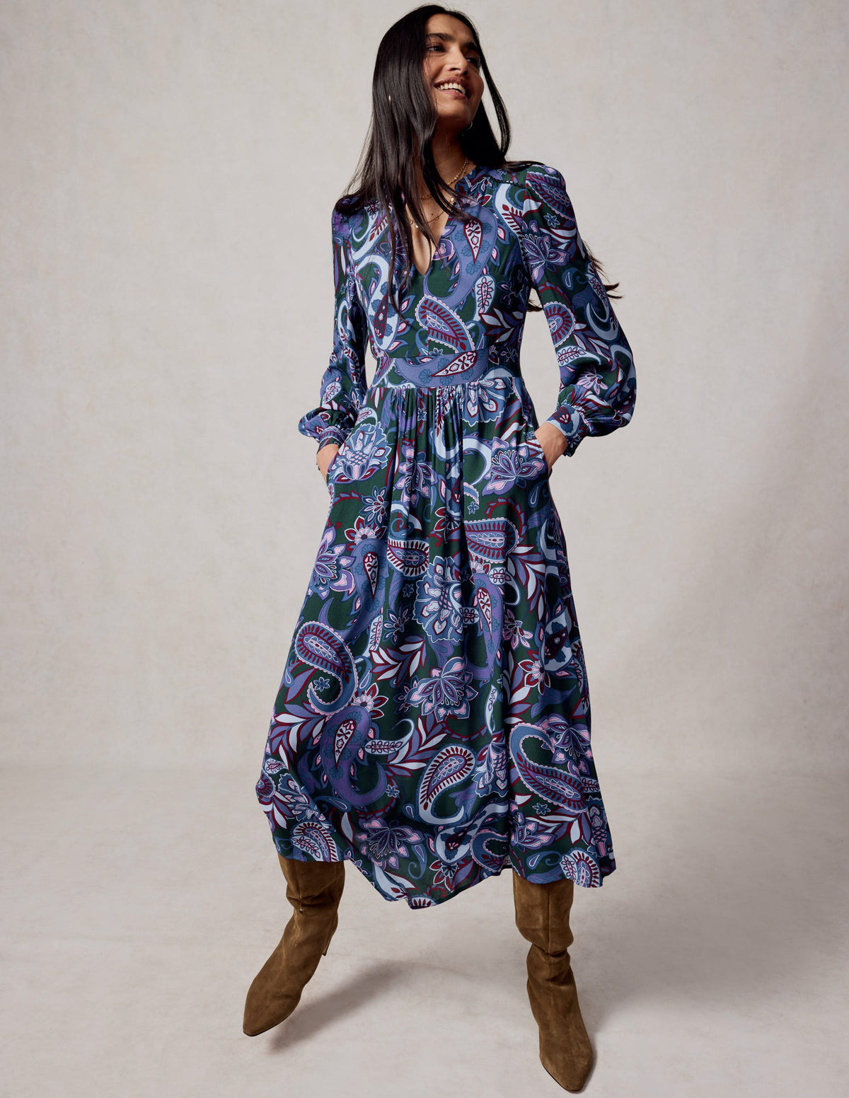 Robe midi Zoe à détails dentelle-Améthyste, motif Paisley Fusion-5