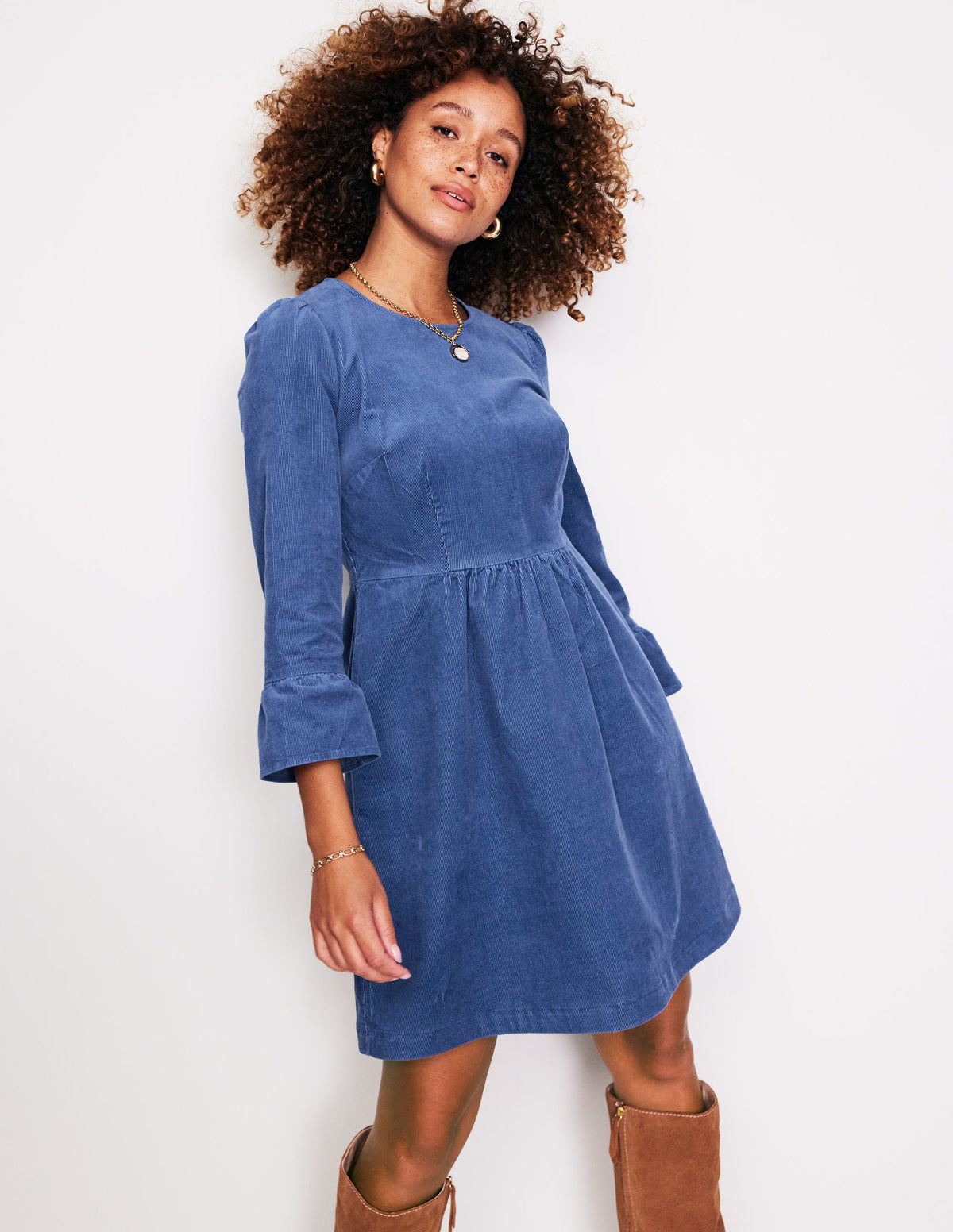 Robe courte Ora en velours côtelé-Bleu denim-1