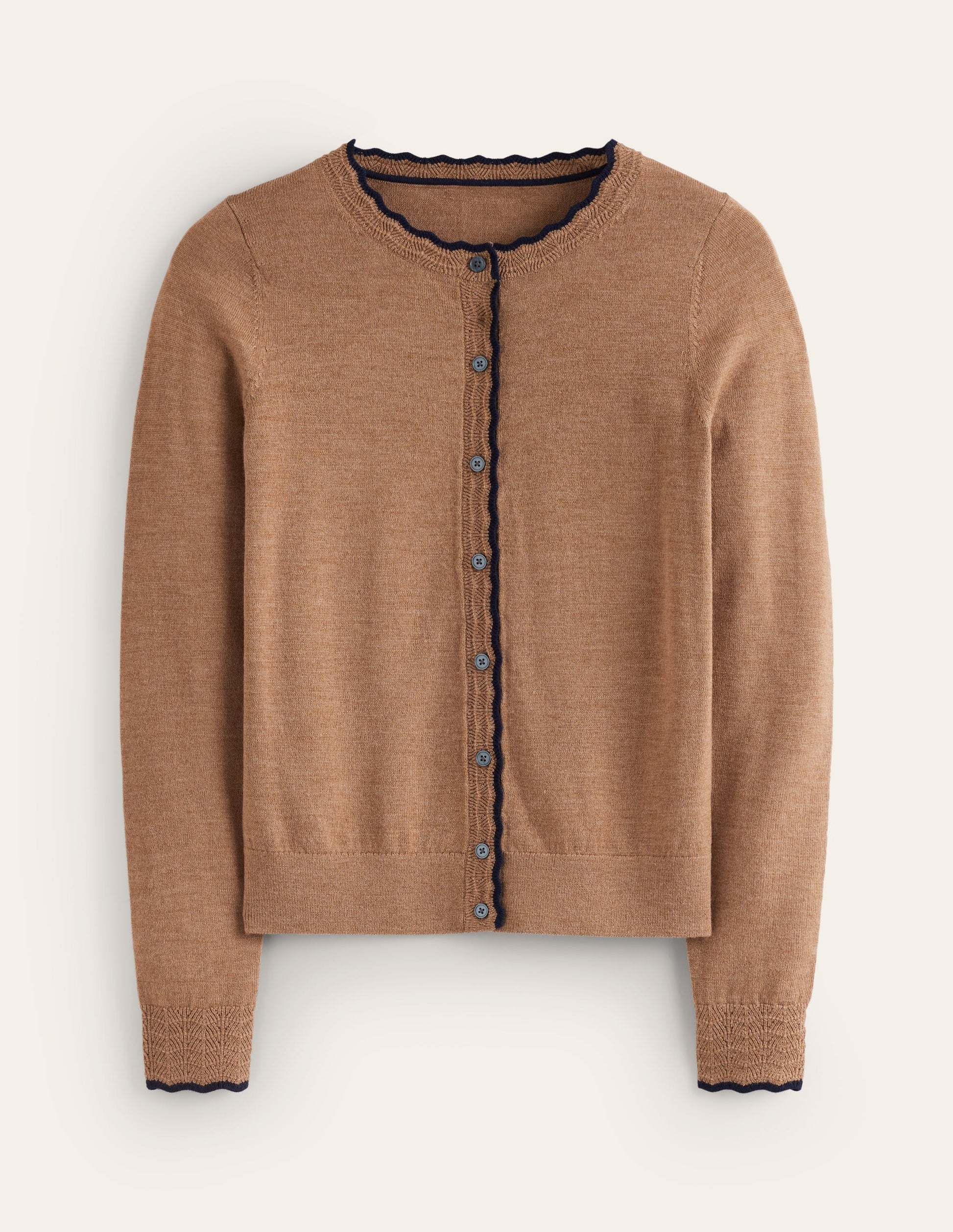 Merino-Strickjacke mit Muschelsaum-Camel Meliert-5