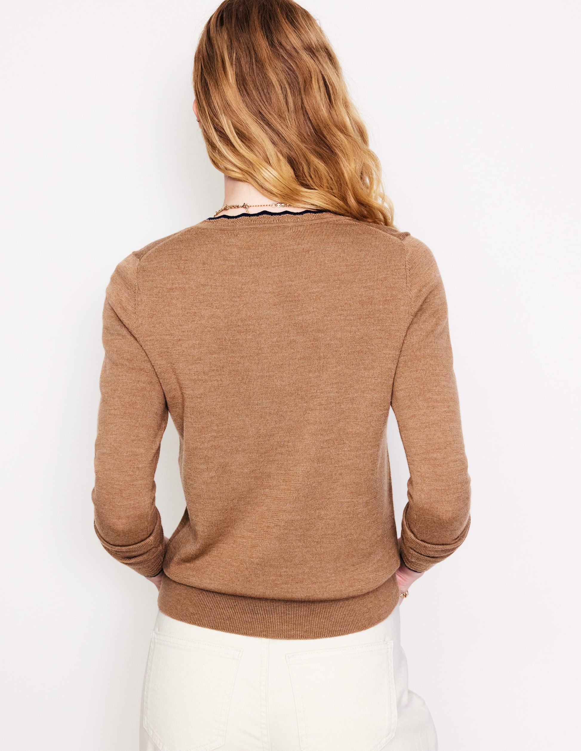 Merino-Strickjacke mit Muschelsaum-Camel Meliert-3