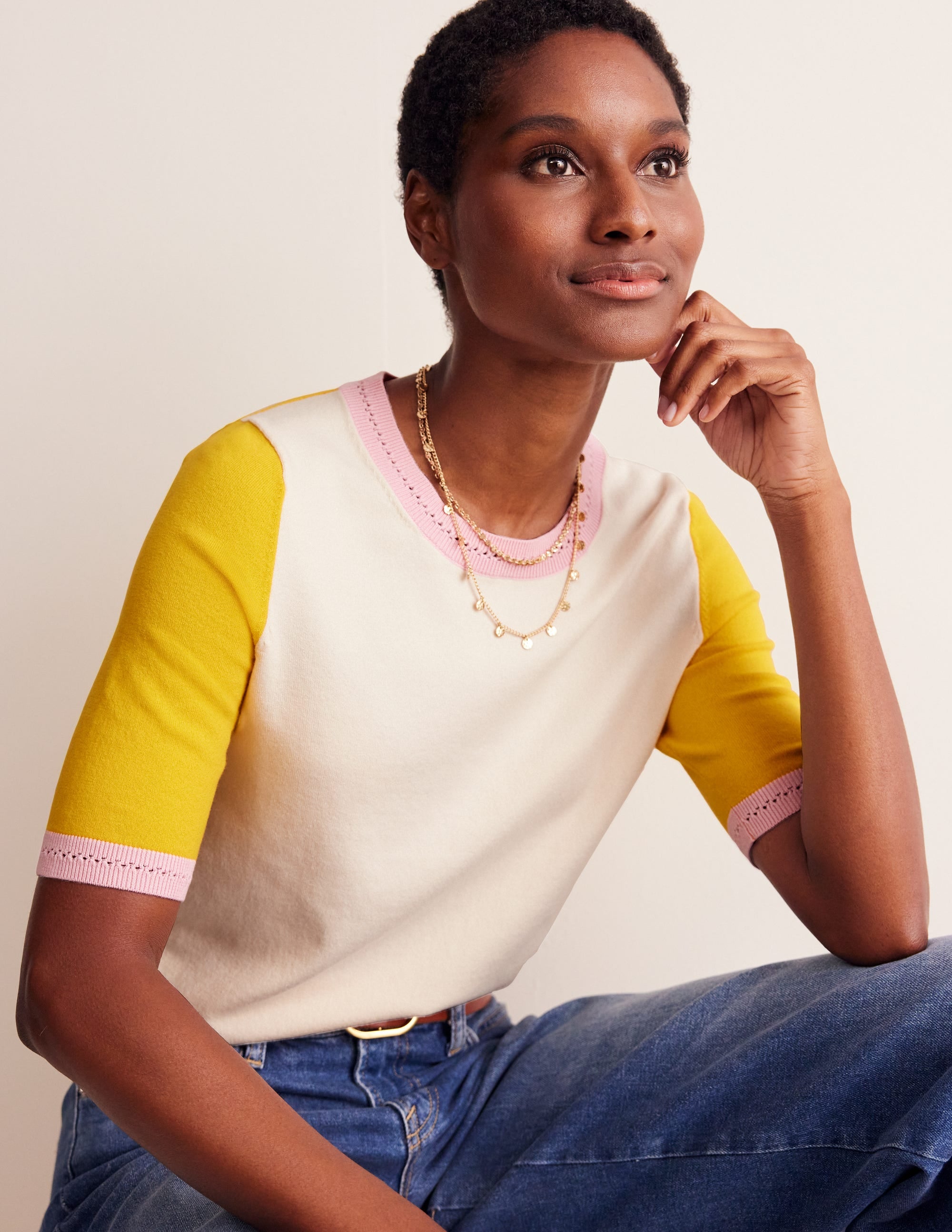 Catriona Baumwoll-T-Shirt mit Rundhalsausschnitt-Warmes Naturweiß / Mimosengelb - Image 1