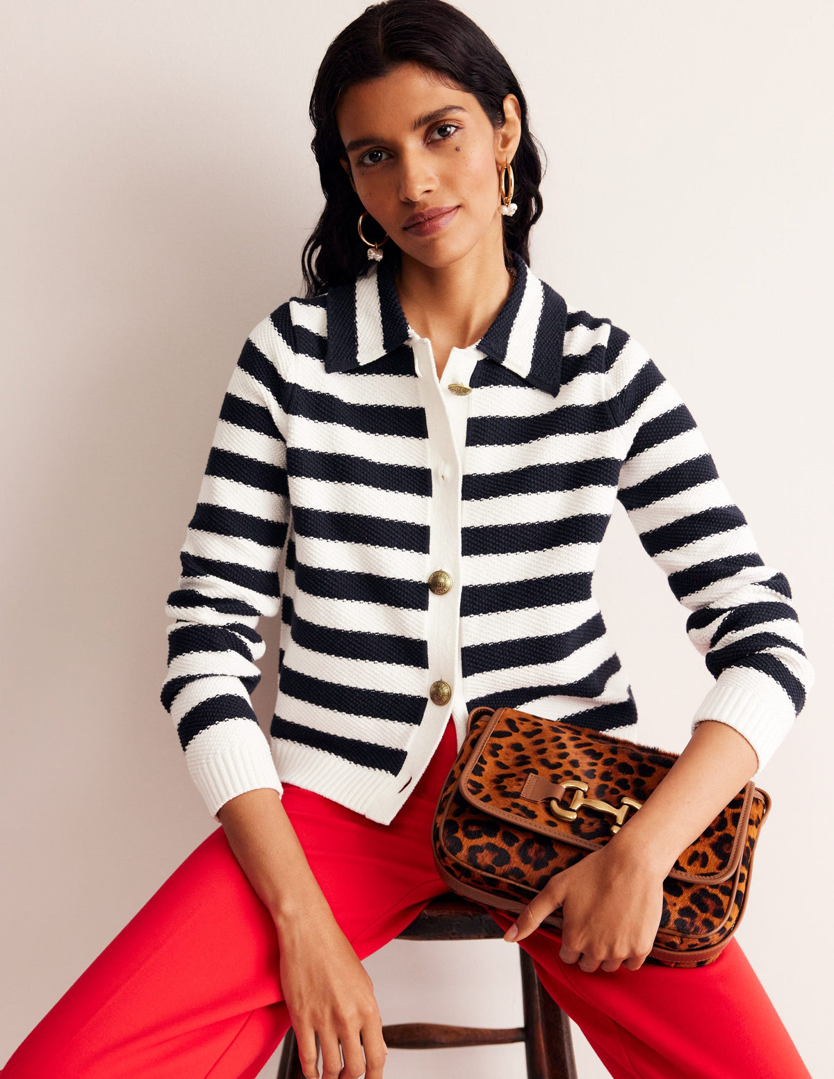 Collared Knitted Cardigan-Navy/ Ivory - Image 1