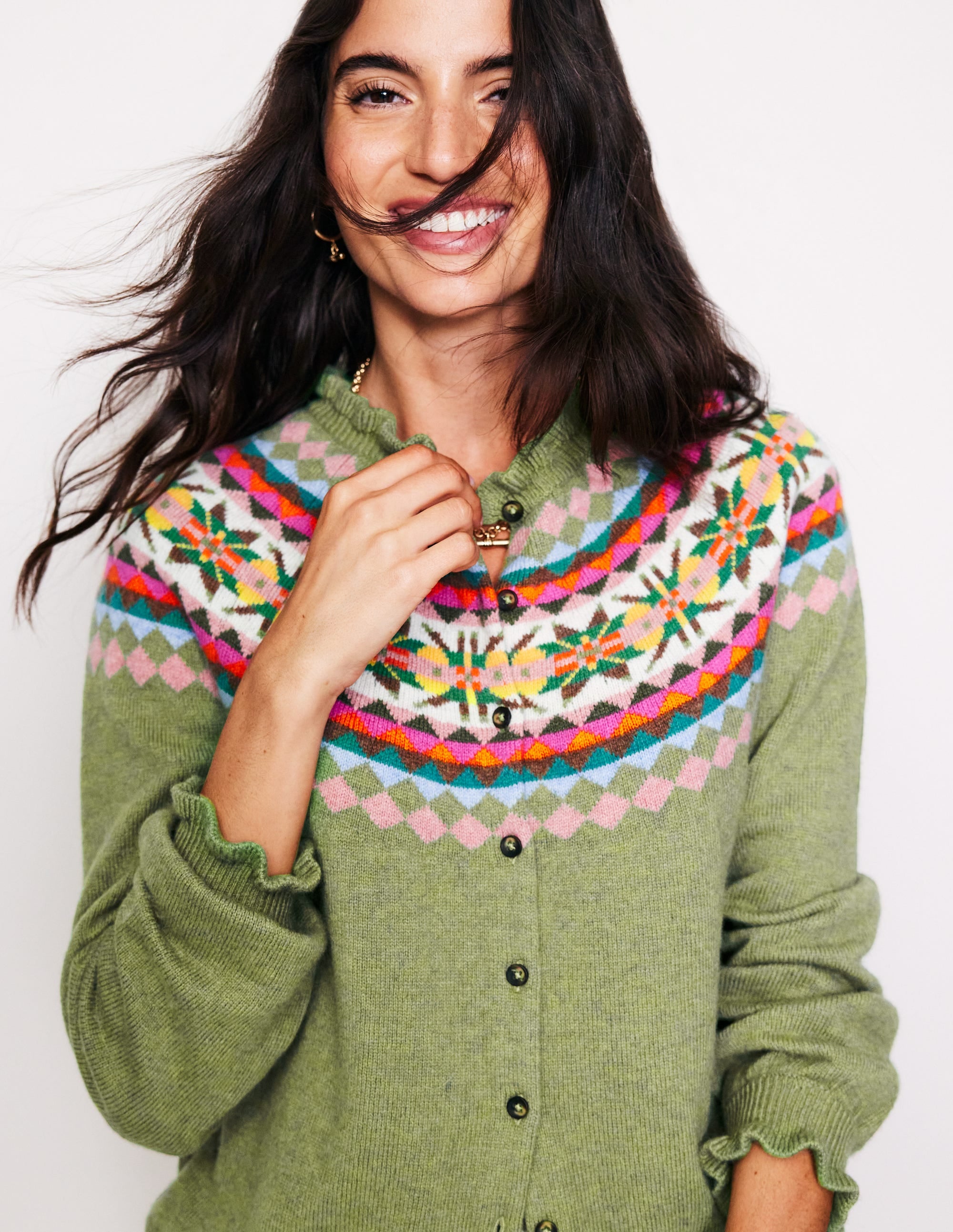 Fae Fair Isle Frilled Cardigan-Green - Image 2