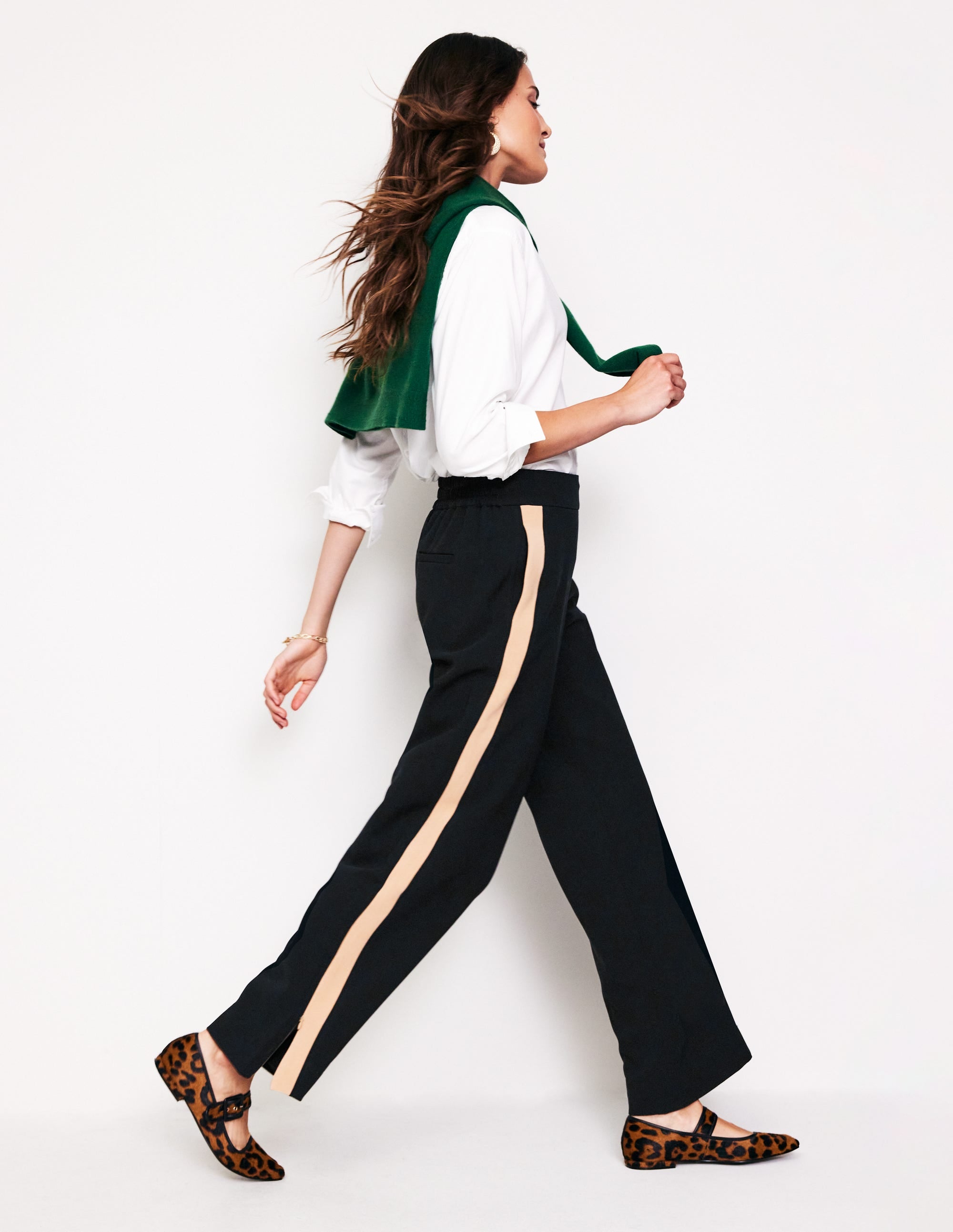 Pantalon rayé sur les côtés à enfiler-Noir avec rayure camel - Image 1