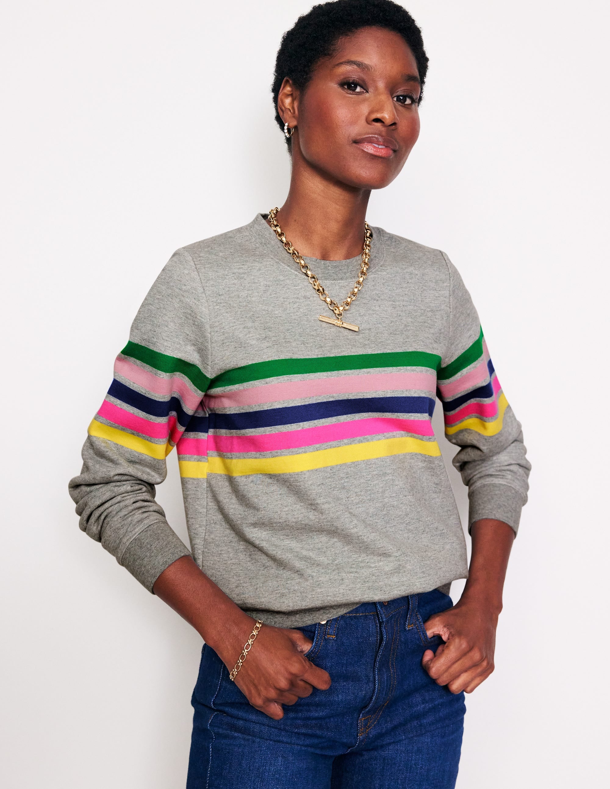 Hannah Sweatshirt mit Print-Grau, Bunte Streifen - Image 1