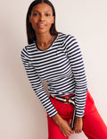 T-shirt côtelé Anna à manches longues-Rayé bleu marine foncé et ivoire