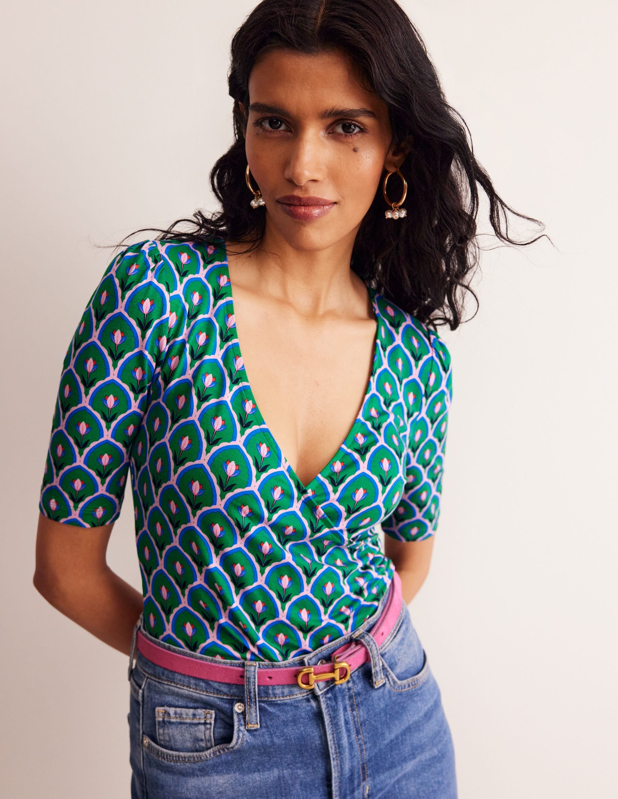 Wrap Front Jersey Top-Rich Emerald, Tulip - Image 1