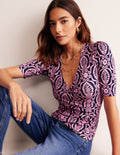 Wrap Front Jersey Top-Old Rose, Foliage Stamp