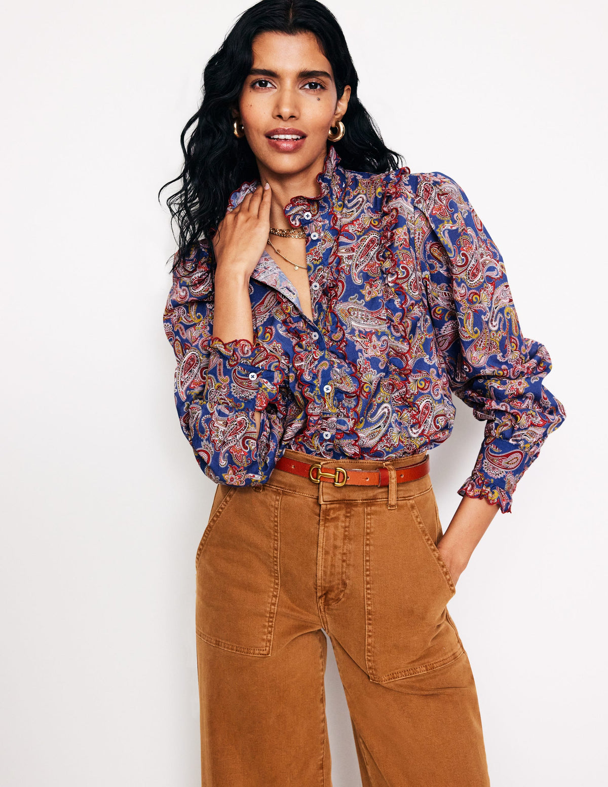 Baumwollbluse mit Rüschen-Reines Marineblau, Opulentes Paisleymuster-1