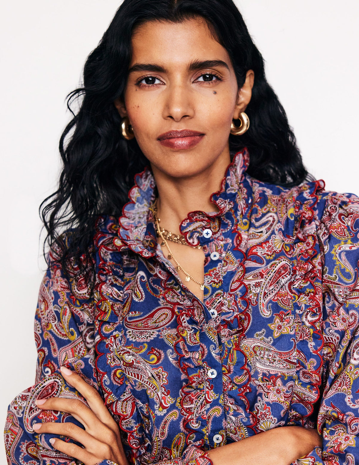 Baumwollbluse mit Rüschen-Reines Marineblau, Opulentes Paisleymuster - Image 2