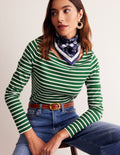 Ella Breton-Shirt mit langen Ärmeln-Piniengrün, Naturweiß Streifen