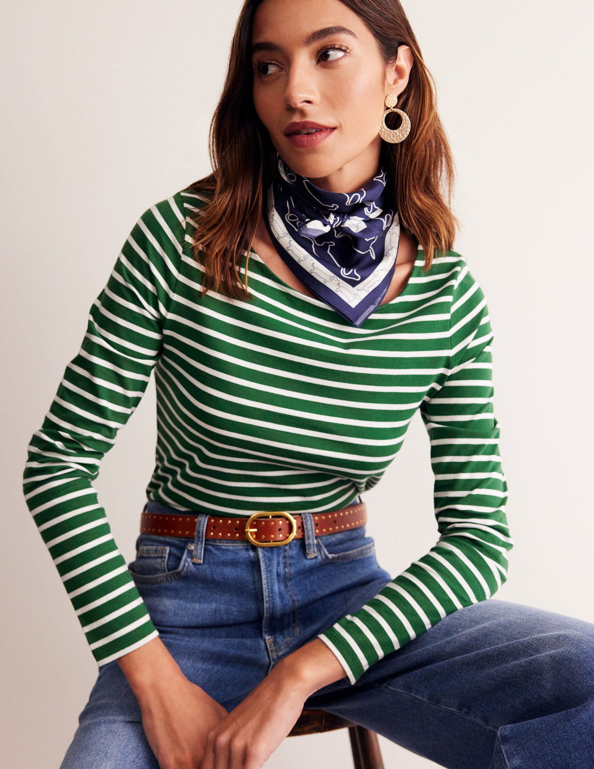 Ella Breton-Shirt mit langen Ärmeln-Piniengrün, Naturweiß Streifen-1