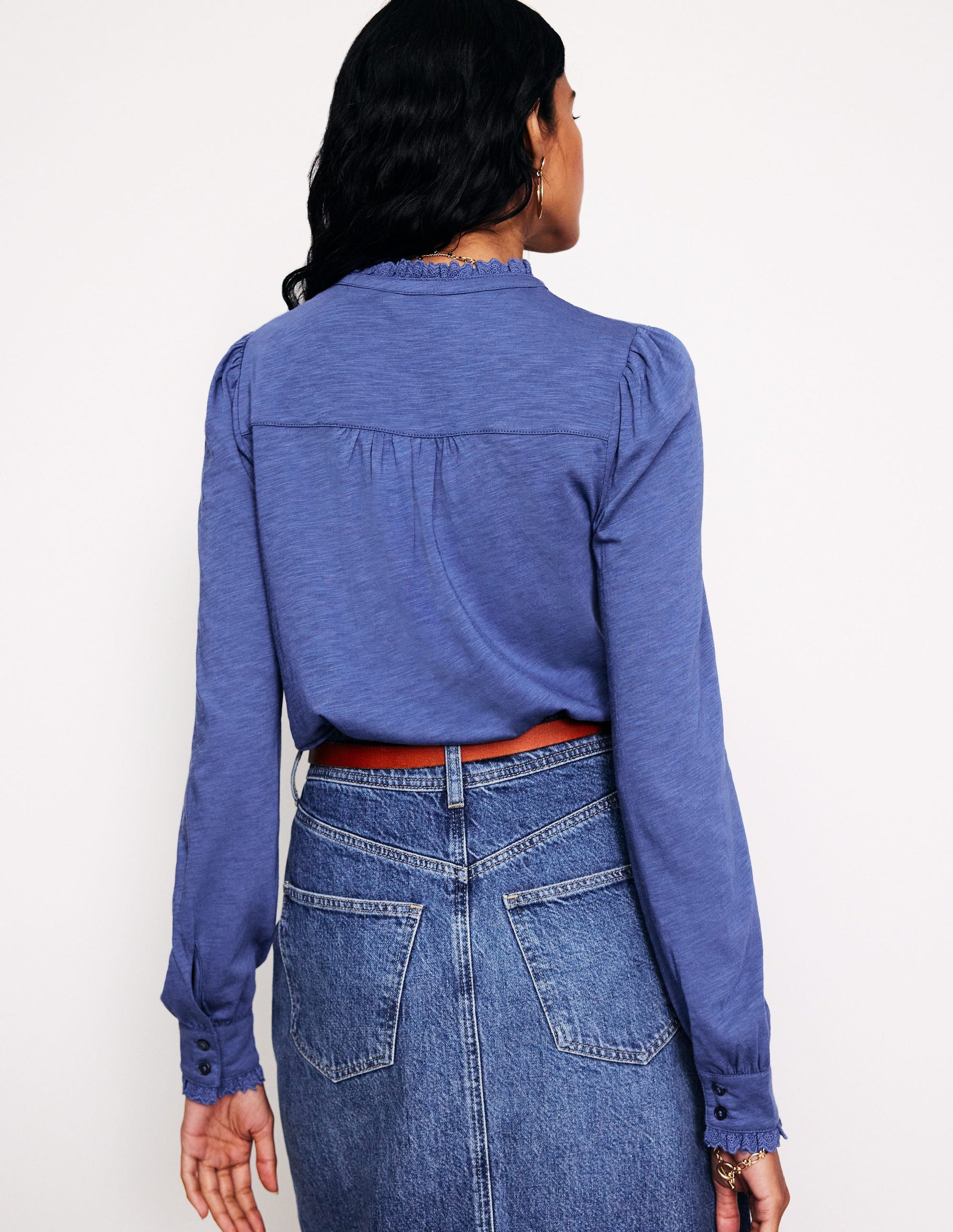Chemise Caroline à broderie anglaise en jersey-Bleu marine authentique-3