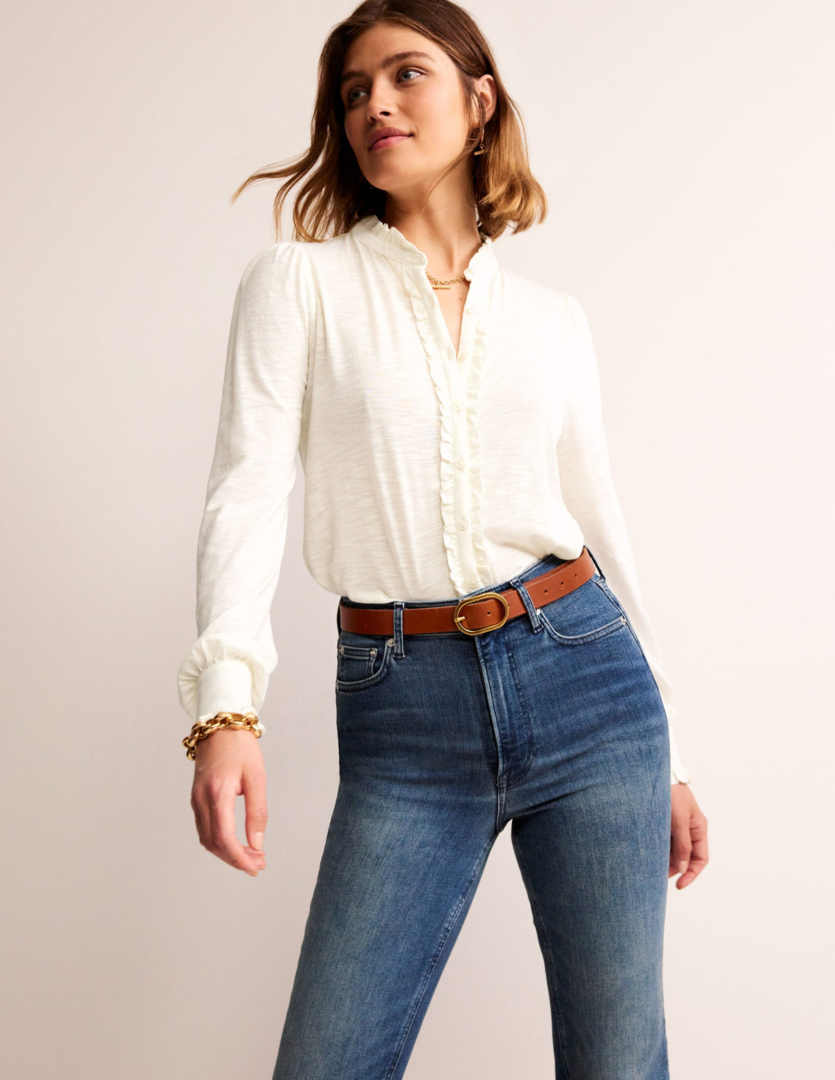 Caroline Jersey-Hemd-Ivory and Navy Spot-1