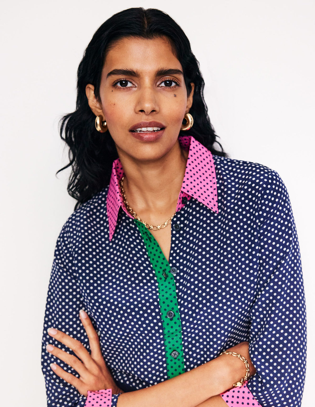 Chemise Sienna en soie-Bleu marine foncé, pois-1