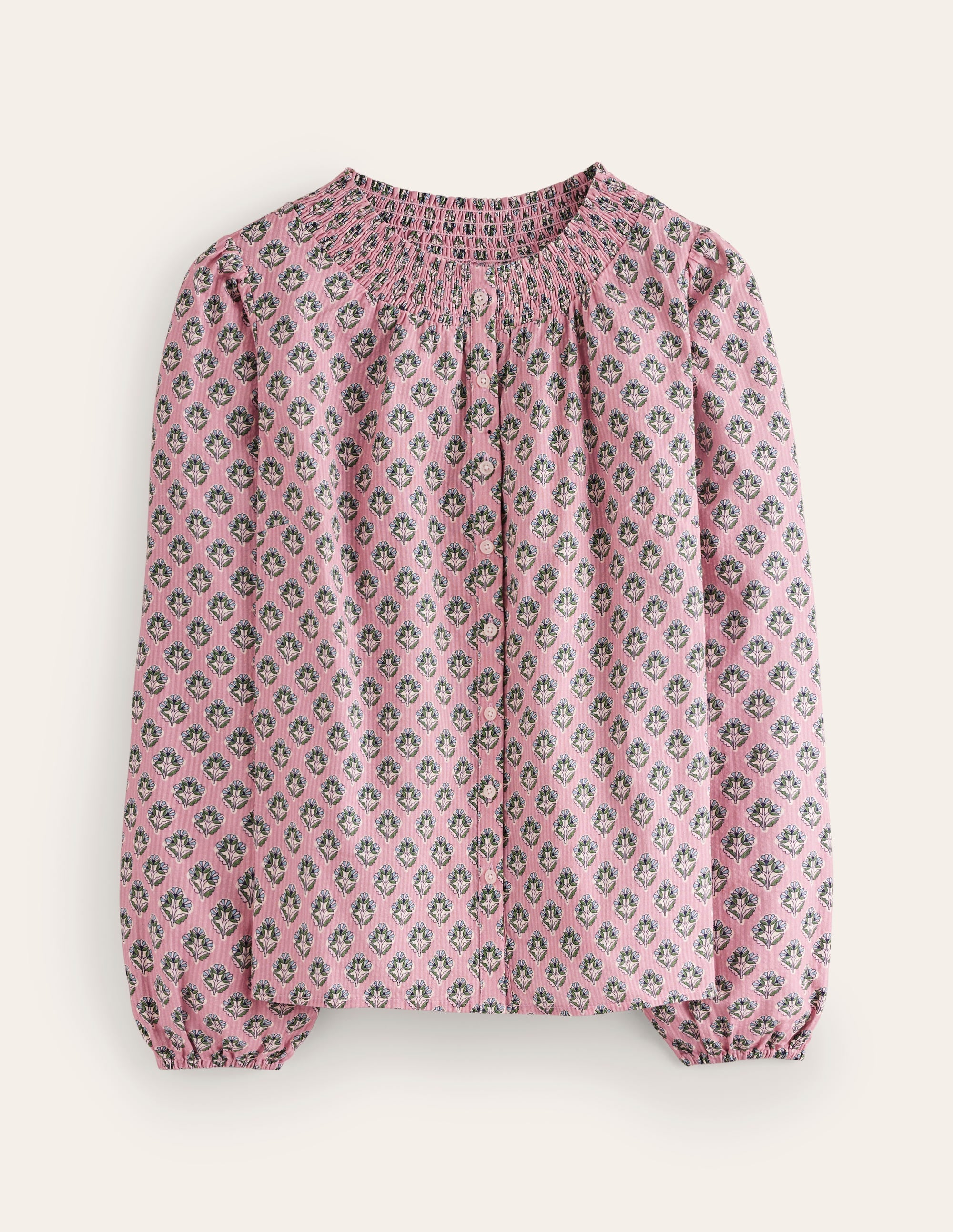 Mae Gesmokte Baumwollbluse-Vintage-Rosa, Obststempel - Image 5