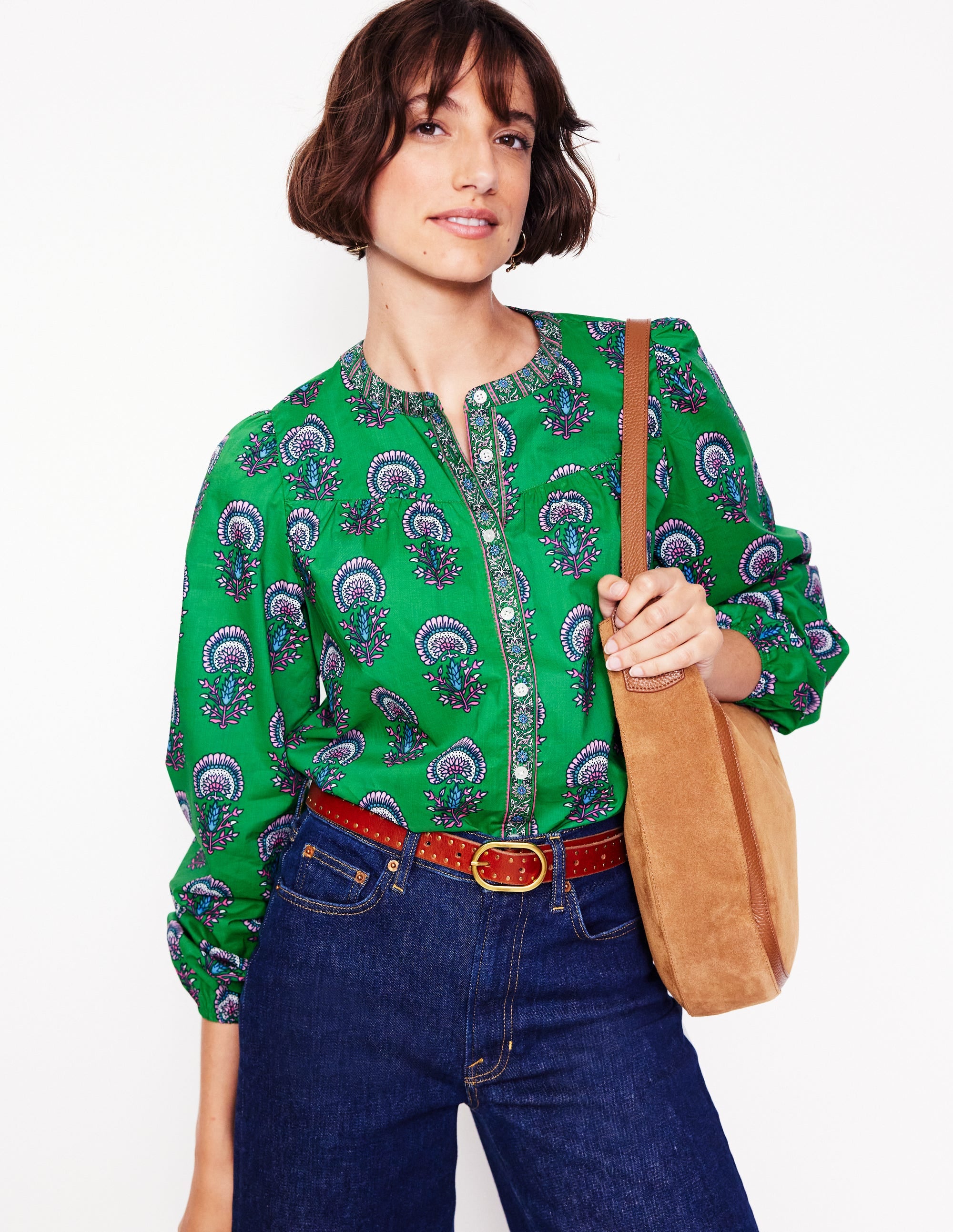 Blouse Savannah en coton-Émeraude profond, motif Passion Bud - Image 1