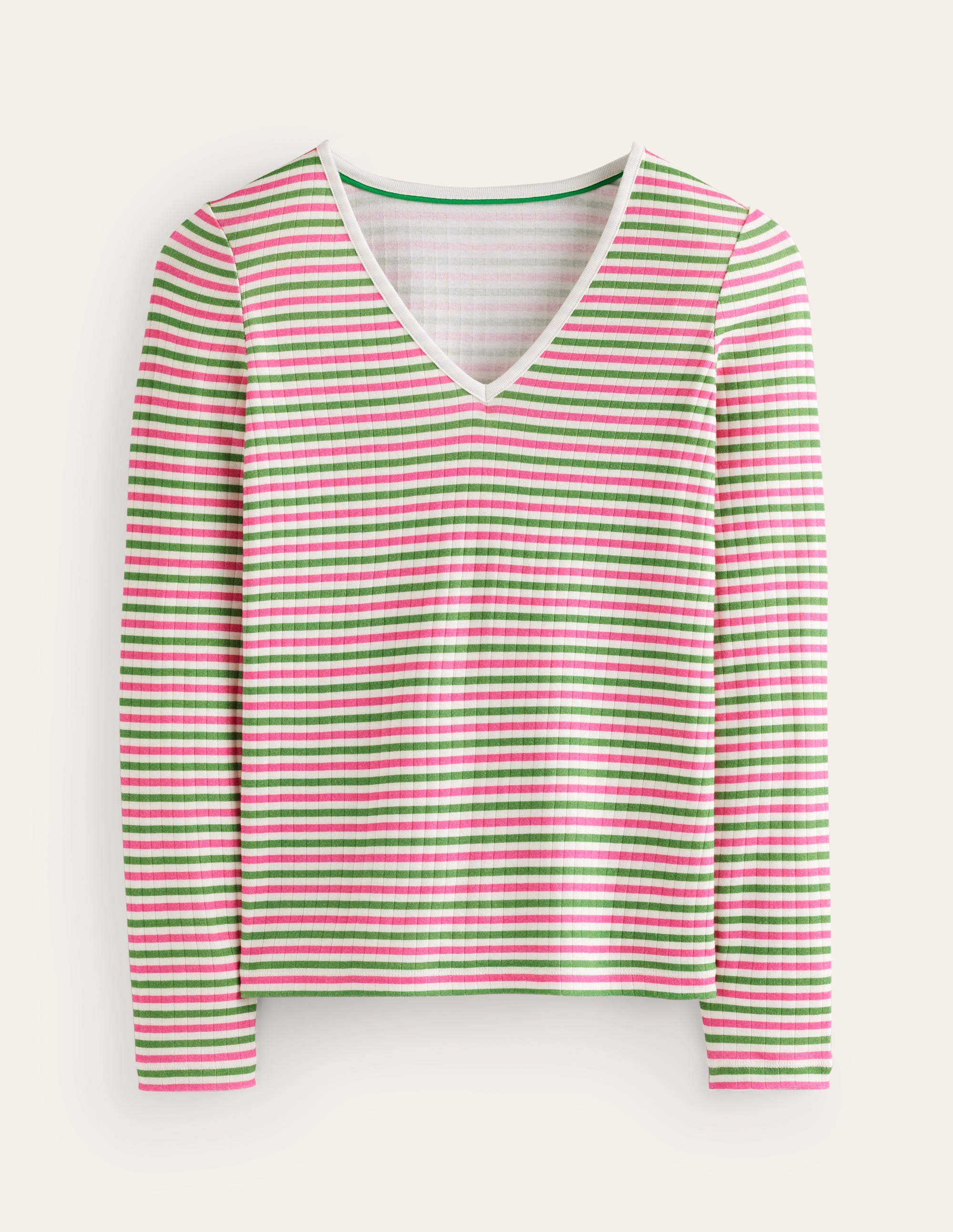 Anna Rib V-Neck T-Shirt-Green, Pink Stripe - Image 5