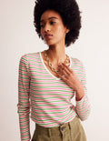 Anna Rib V-Neck T-Shirt-Green, Pink Stripe