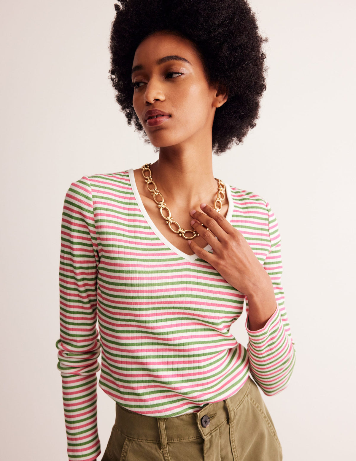 Anna Rib V-Neck T-Shirt-Green, Pink Stripe - Image 1