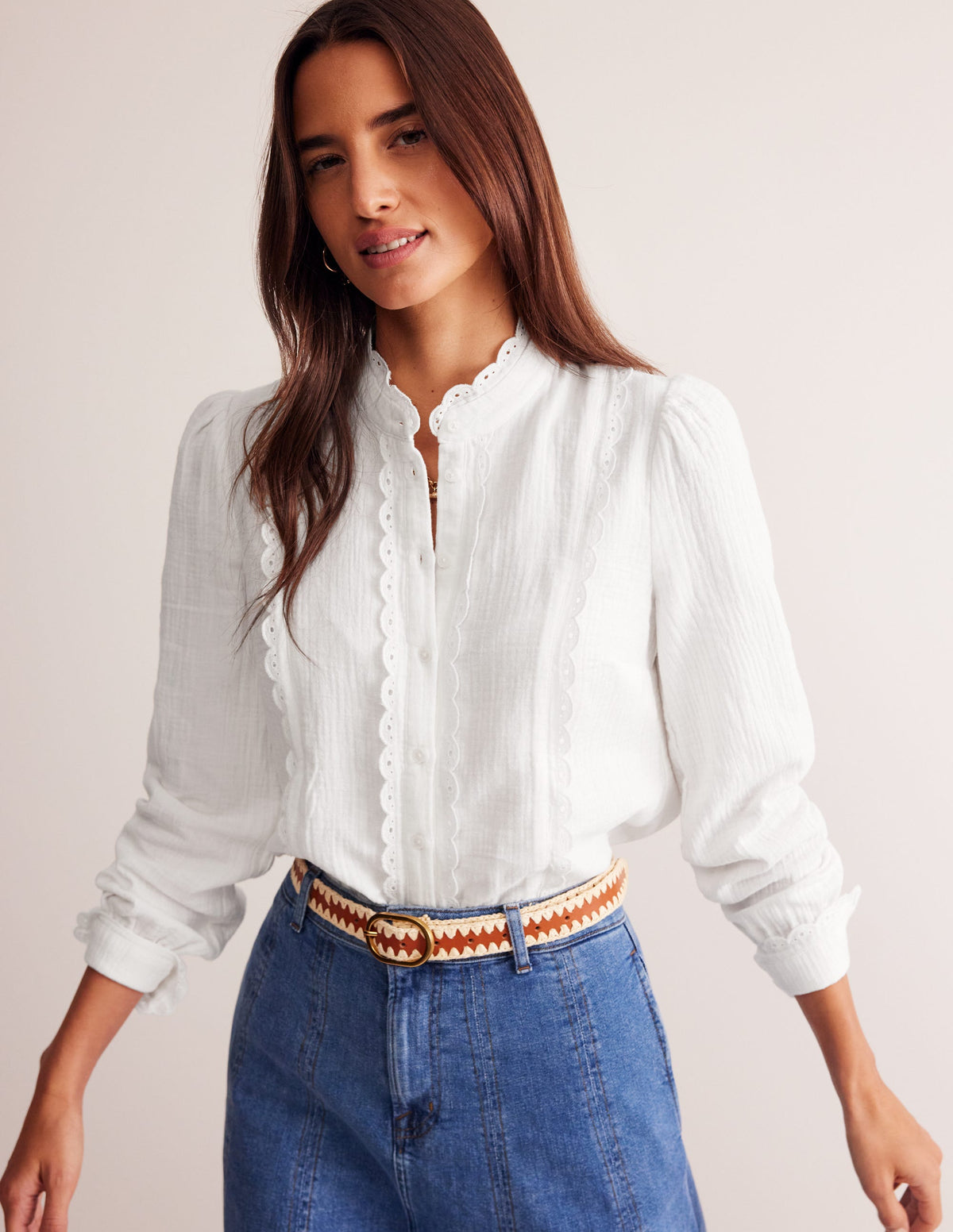 Doppeltuch-Bluse mit Muschelsaum-Weiß-1