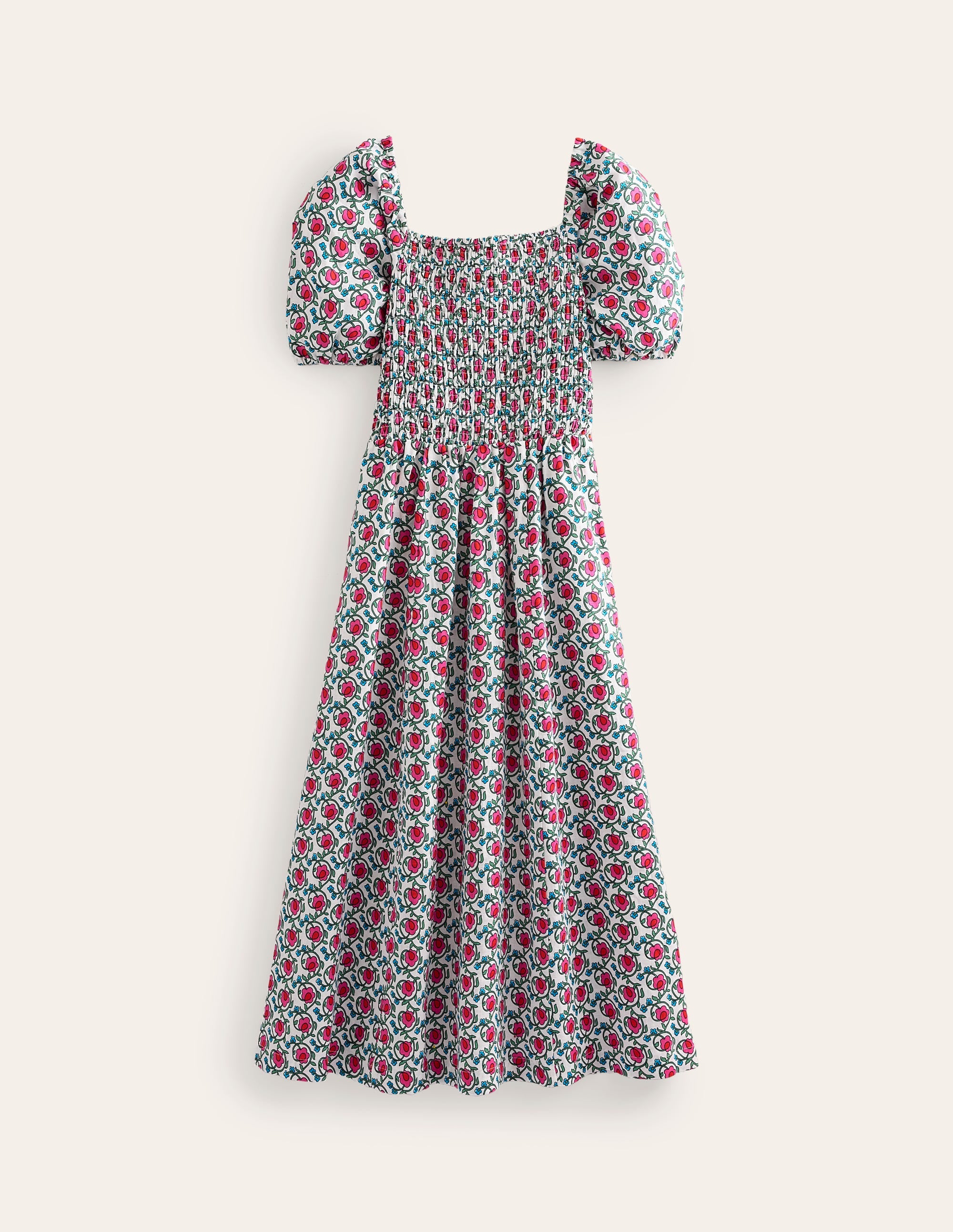 Sky Smocked Linen Midi Dress-Pop Pansy, Foliage Terrace - Image 6