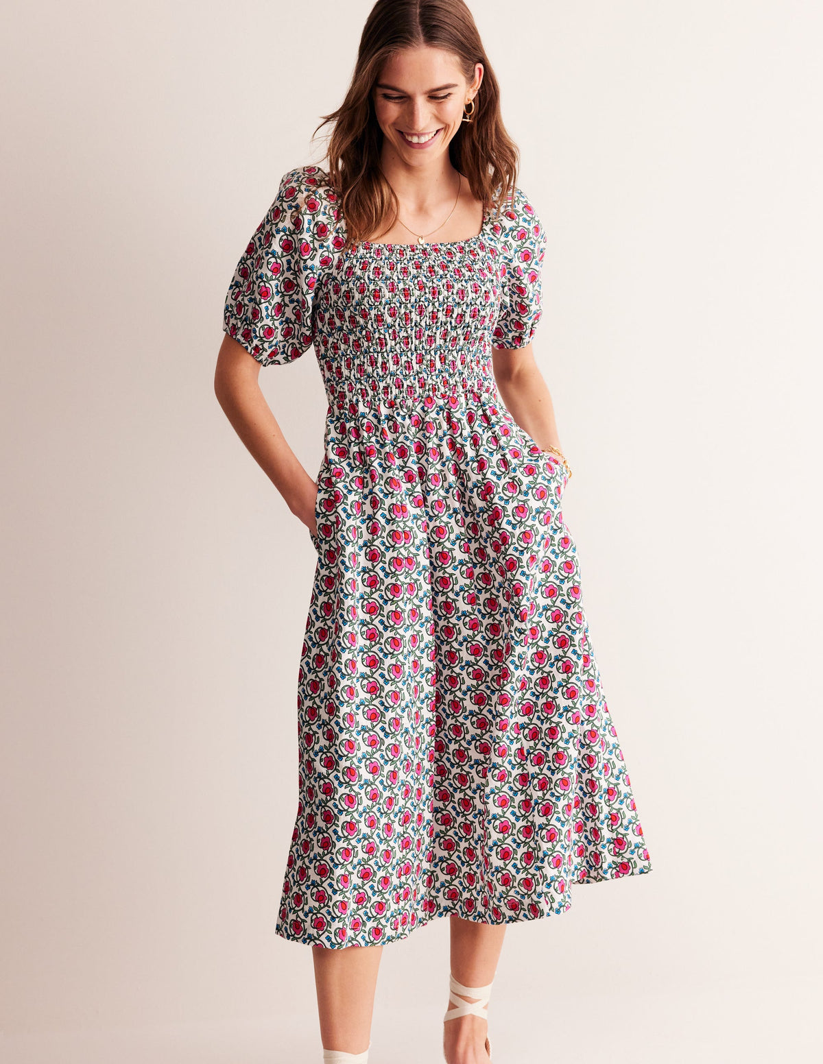 Sky Smocked Linen Midi Dress-Pop Pansy, Foliage Terrace-1