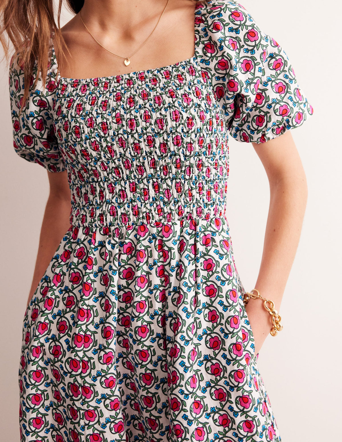 Sky Smocked Linen Midi Dress-Pop Pansy, Foliage Terrace - Image 2