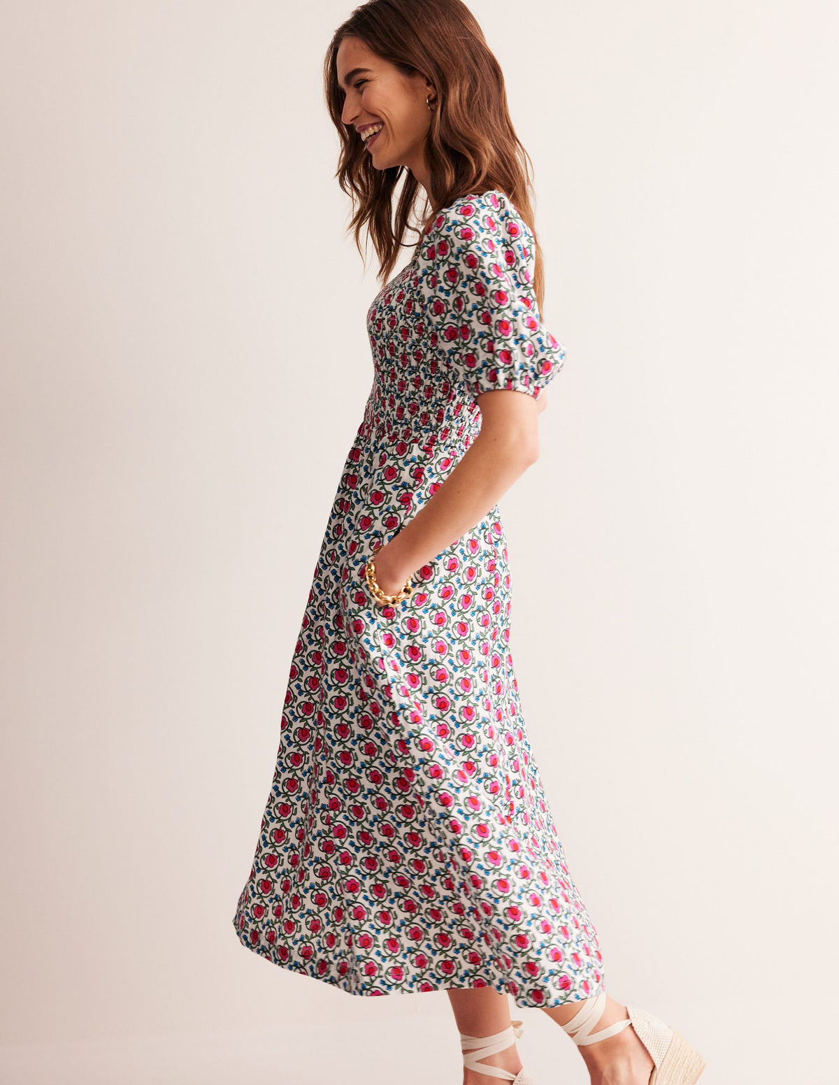 Sky Smocked Linen Midi Dress-Pop Pansy, Foliage Terrace - Image 4